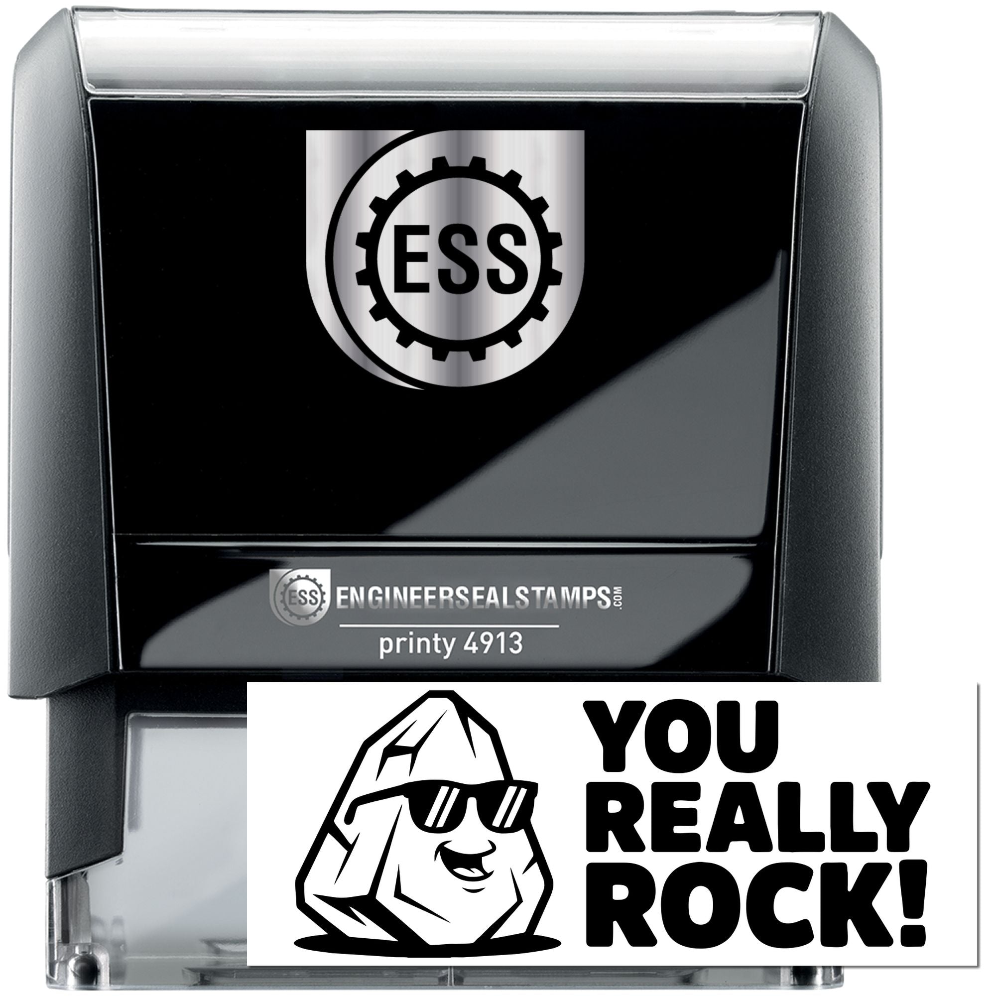 Black and silver ESS self-inking stamp and seal with You Really Rock! design and printy 4913 branding.