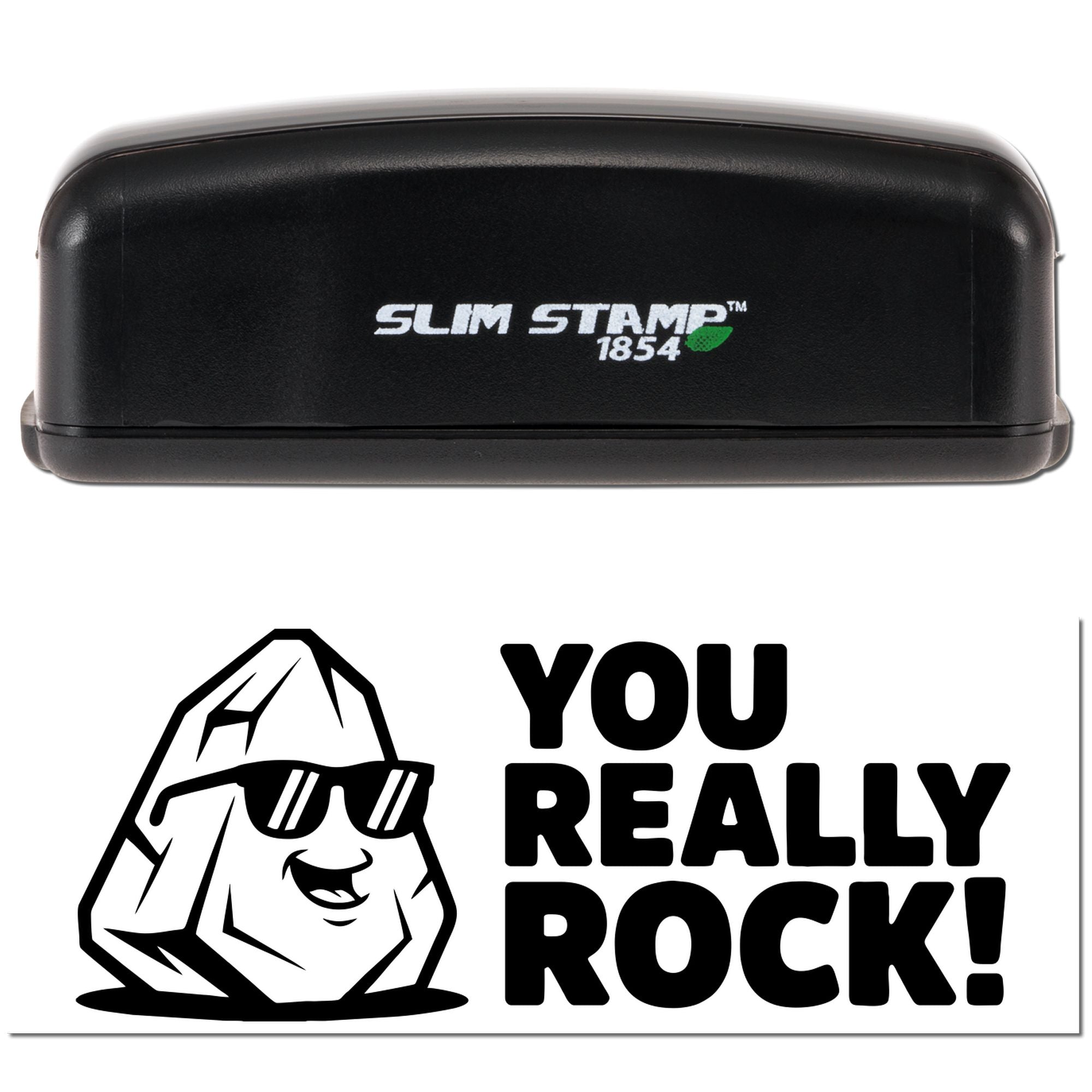 Black Slim Stamp 1854 self-inking stamp with white logo and green accent above a bold black "You Really Rock!" seal.