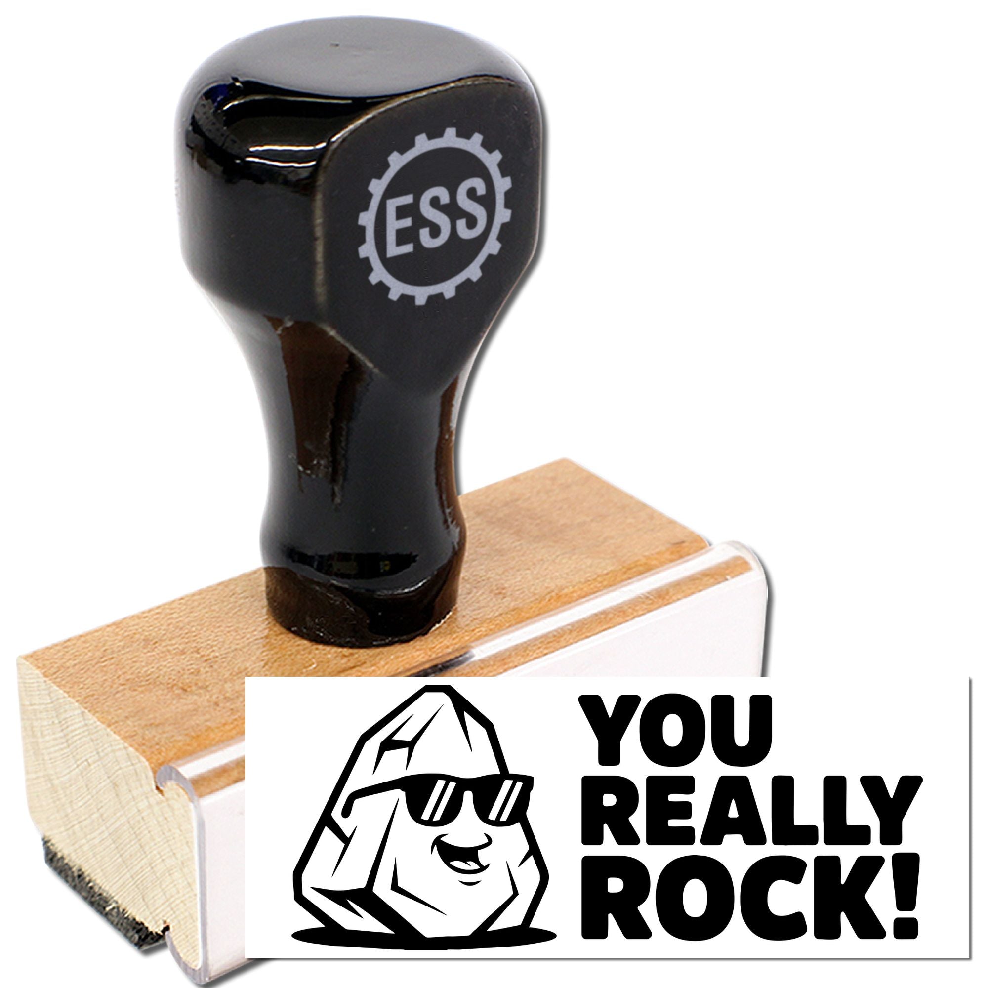 Black ESS rubber stamp and seal on wooden base, printing YOU REALLY ROCK! with a cool rock graphic.