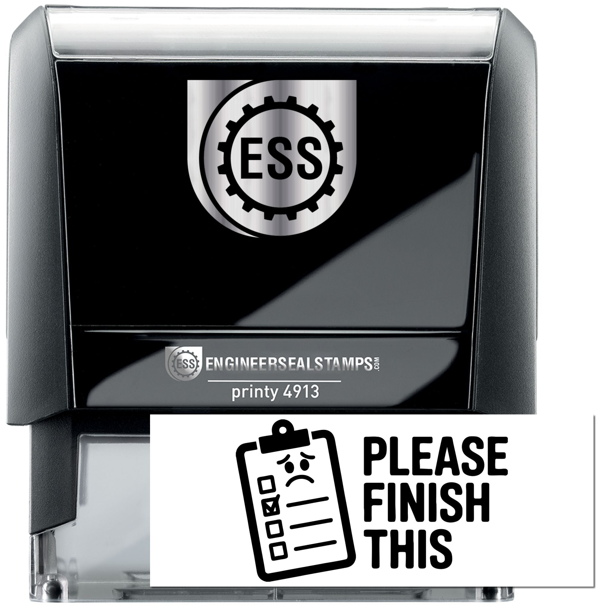 Black and gray self-inking stamp and seal set with ESS logo, plus white Please Finish This seal insert.