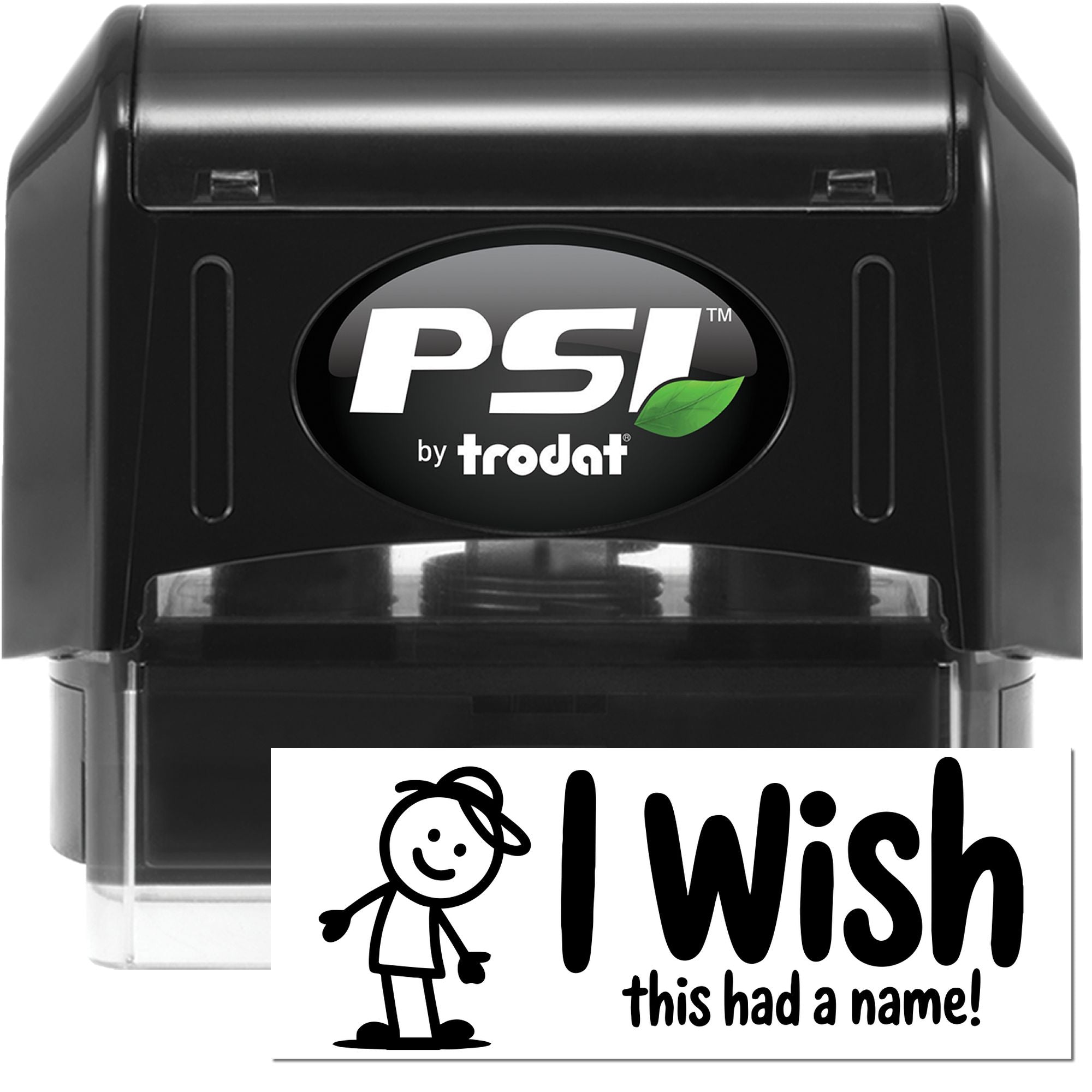 Black PSI by Trodat self-inking stamp and seal in black, with clear base and green leaf logo.