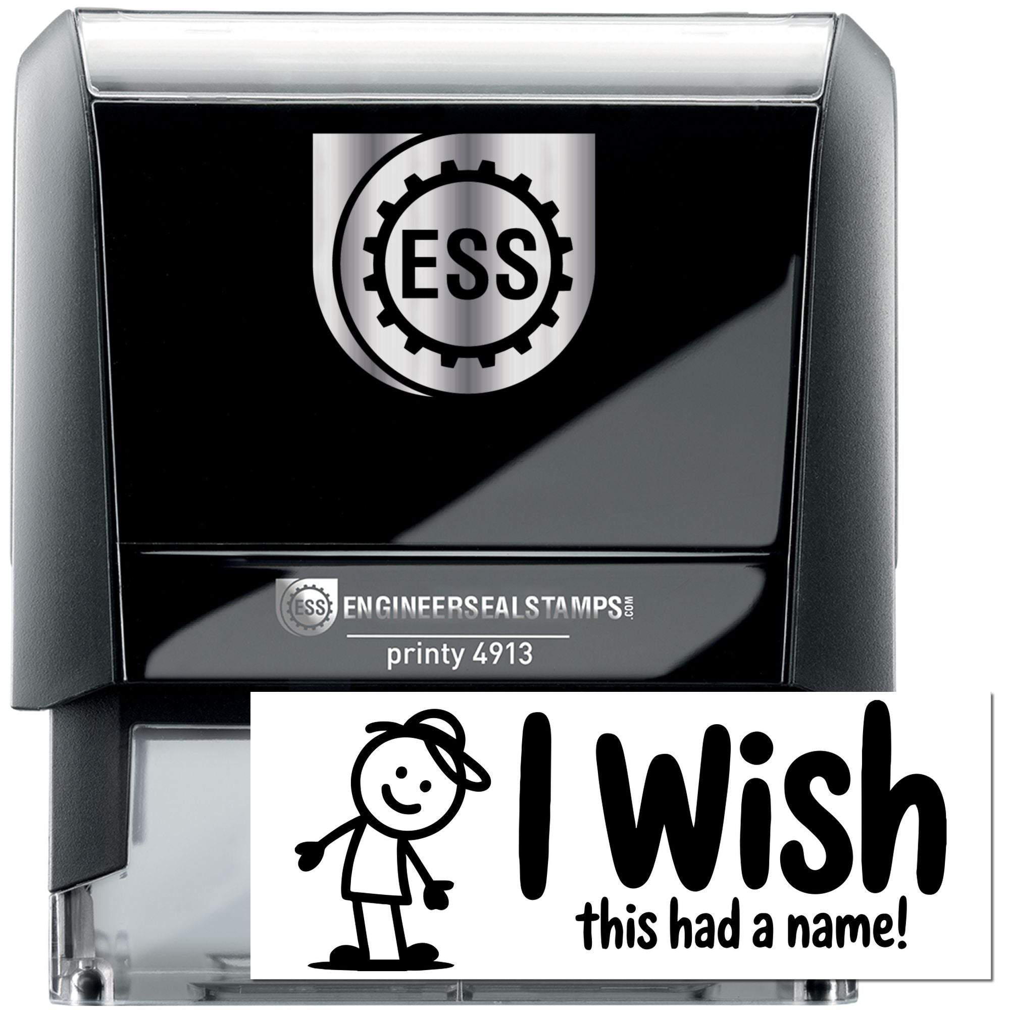 Black and silver ESS self-inking engineer seal stamp with custom I Wish this had a name! imprint.