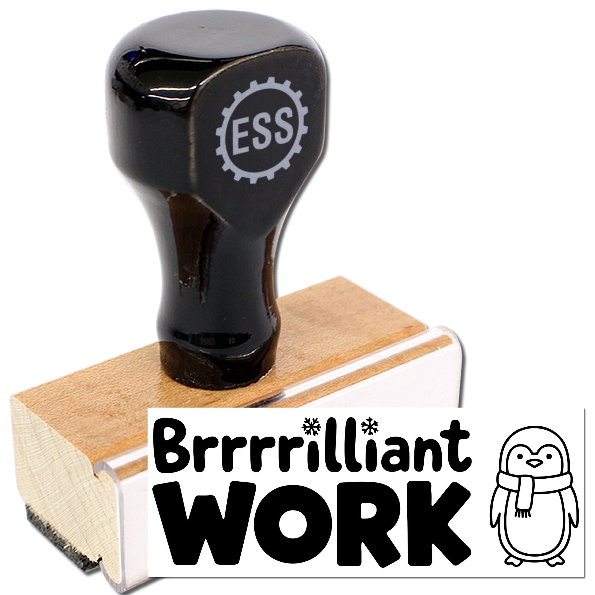 Black rubber stamp and seal set on wooden base, with Brrrilliant Work text and penguin graphic.