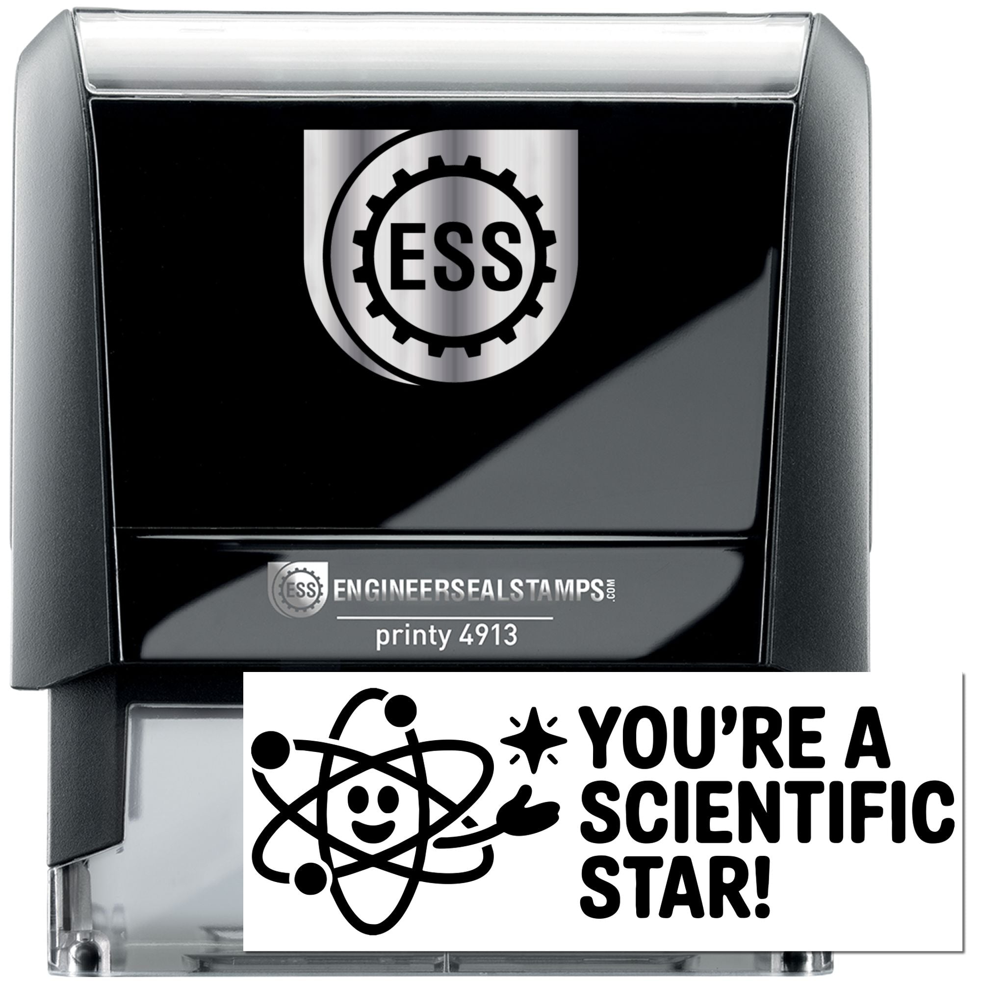 Black self-inking engineer seal stamp with silver ESS gear logo and white Youre a Scientific Star! seal.