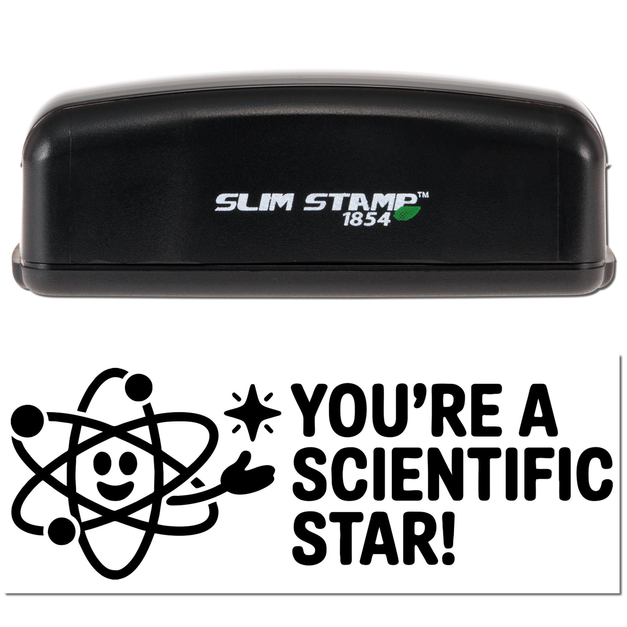 Black Slim Stamp 1854 stamp case with white logo and green leaf, plus Youre a Scientific Star! seal graphic.