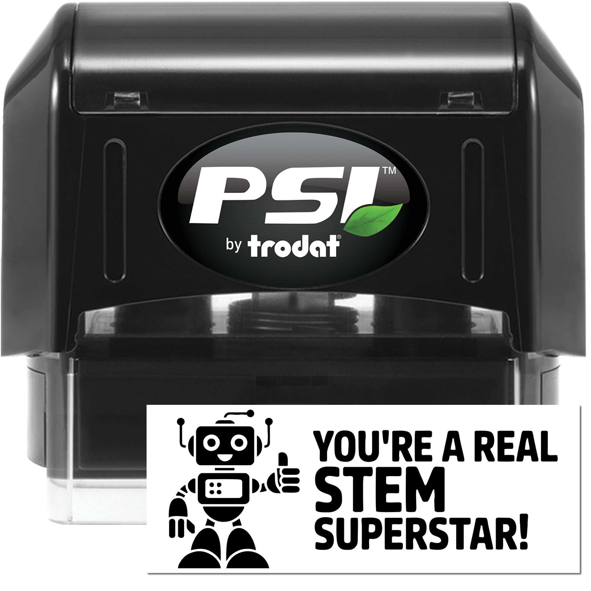 Black PSI by Trodat self-inking stamp with white STEM Superstar seal and robot graphic on a clear base