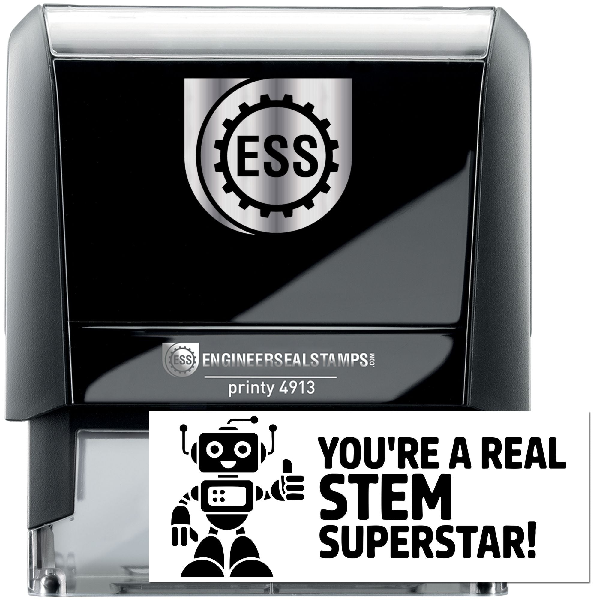 Black and silver ESS stamp and seal dispenser with engineersealstamps logo and Youre a real STEM superstar! design.