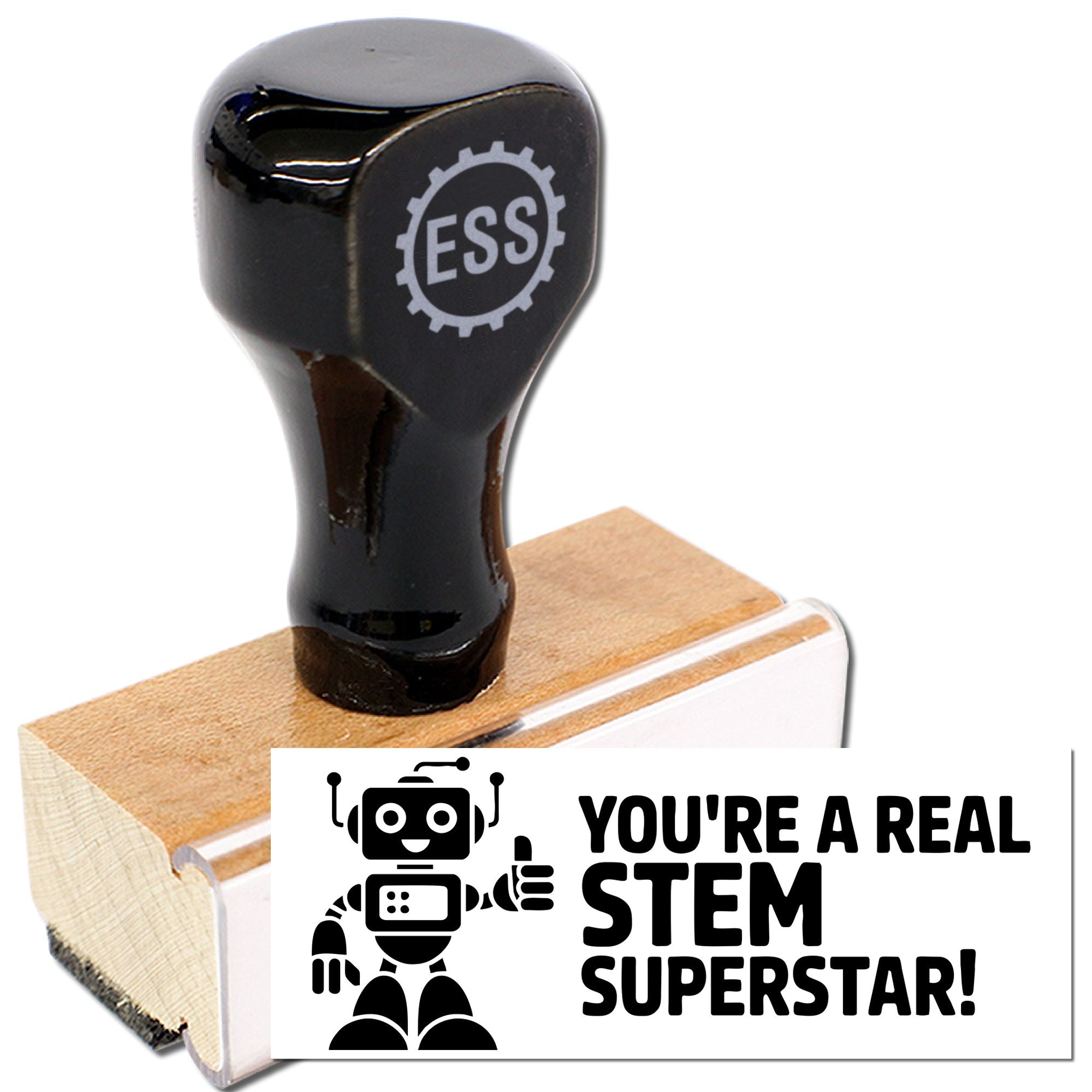 Black ESS rubber seal stamp on a wooden block, with white Youre a Real STEM Superstar! imprint