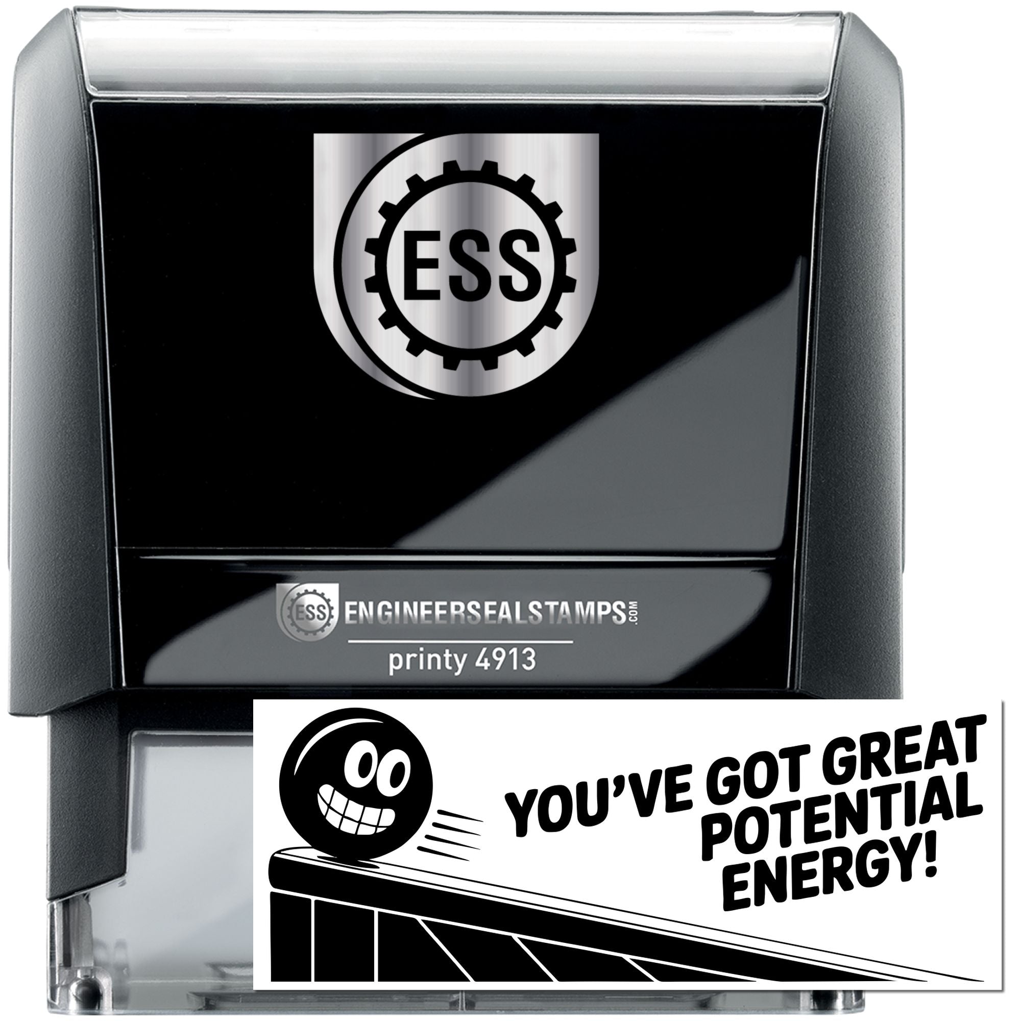 Black and silver self-inking engineer seal stamp with ESS logo and sample imprint reading Youve got great potential energy!