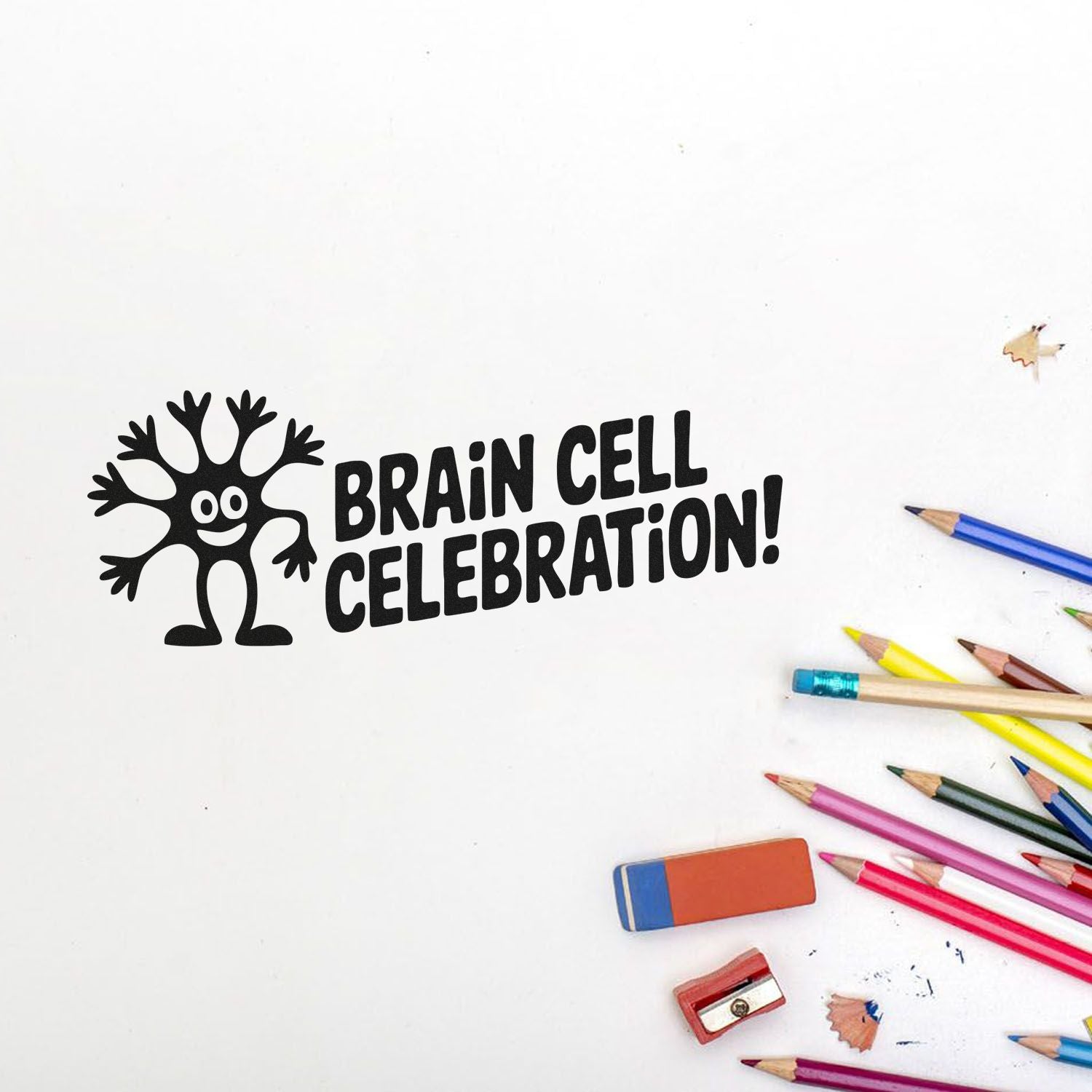 Black Brain Cell Celebration stamp featuring a cartoon cell, with colorful pencils, eraser and sharpener on white background.