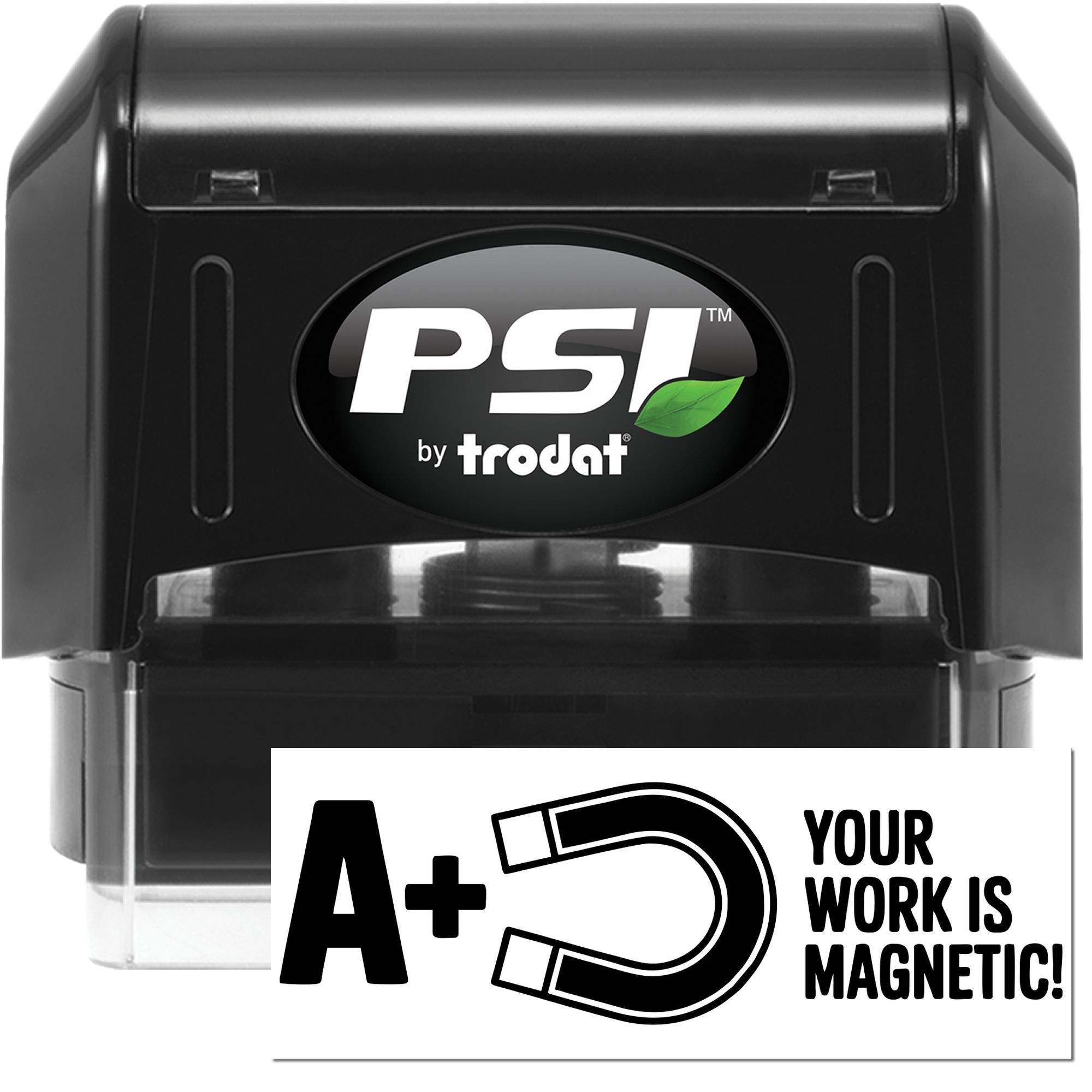 Black PSI by trodat self-inking stamp and seal, black with green leaf logo and magnetic A+ icon on white background