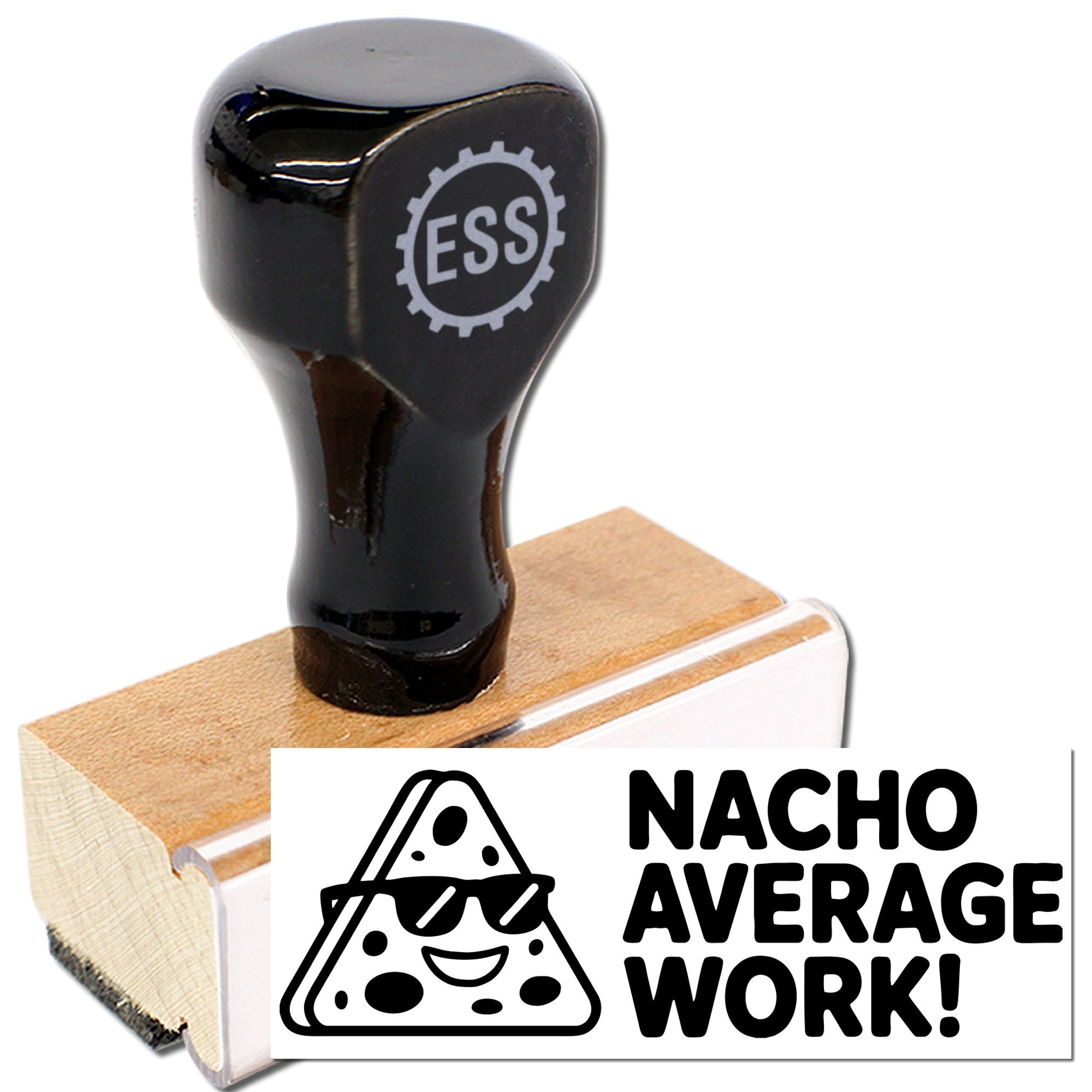 Black rubber stamp seal on a wooden base with ESS logo, beside a white Nacho Average Work! pizza design