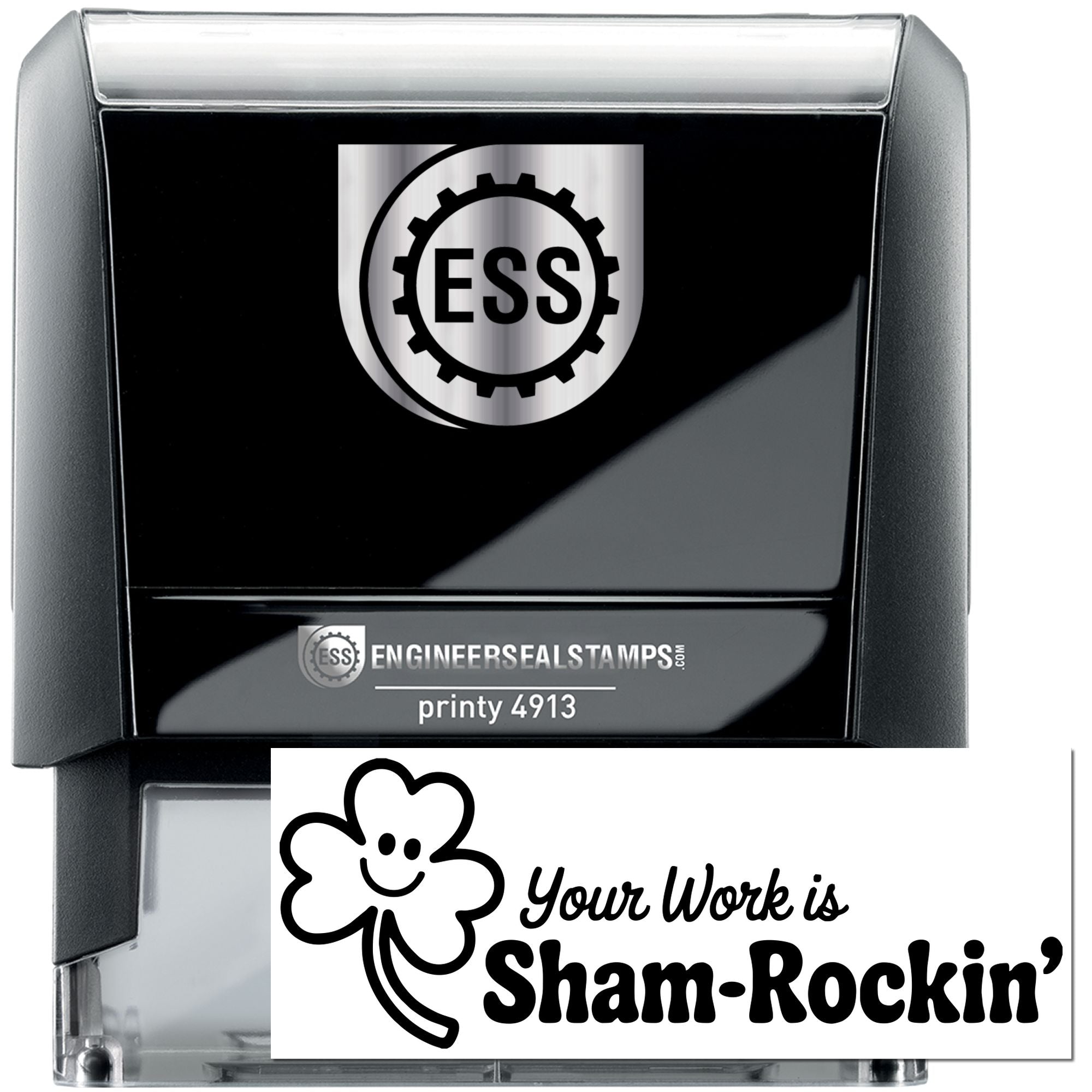 Black self-inking ESS engineer seal stamp with silver top, featuring a white Sham-Rockin' clover design.