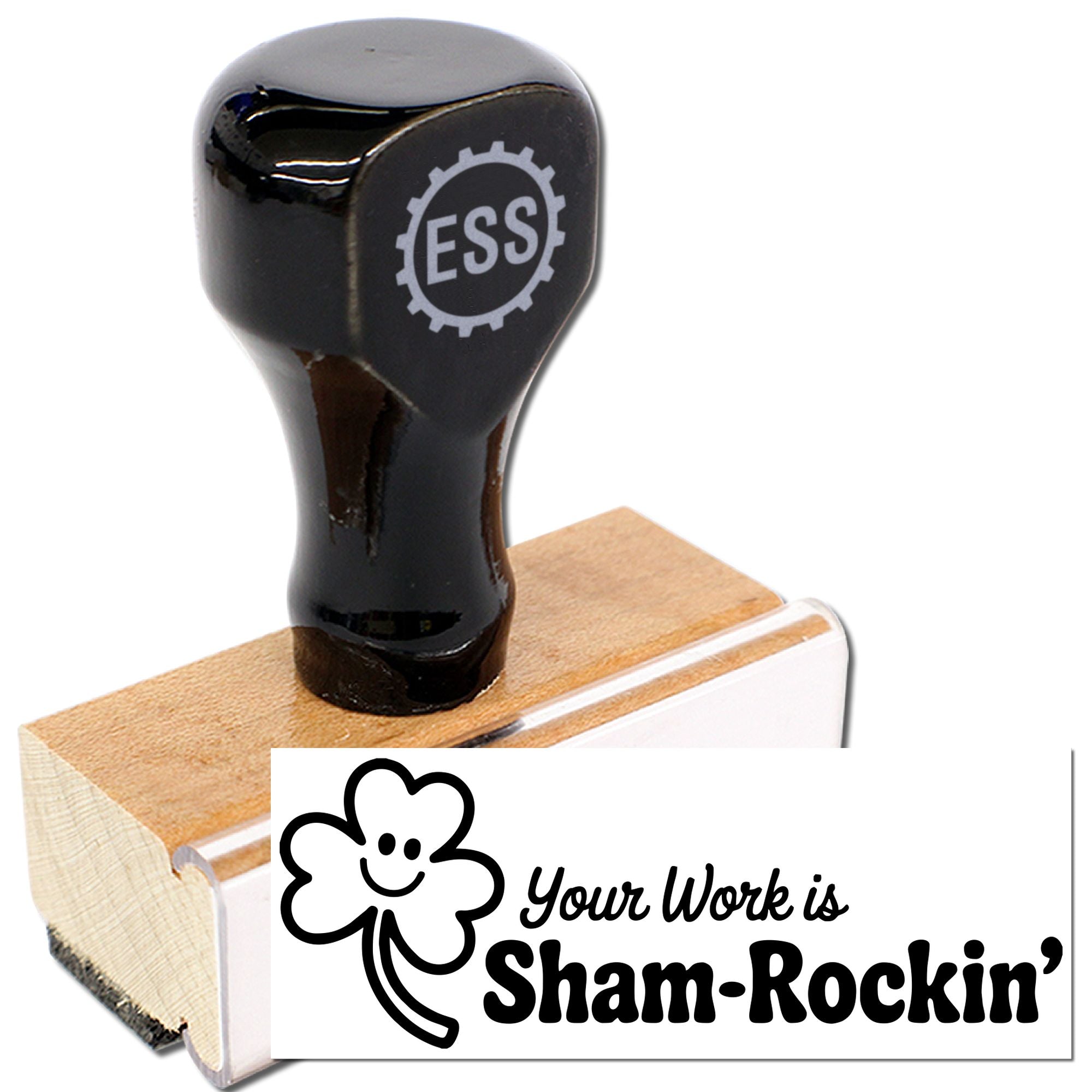 Black ESS stamp and seal on wooden block with shamrock logo and Your Work is Sham-Rockin text on white card.