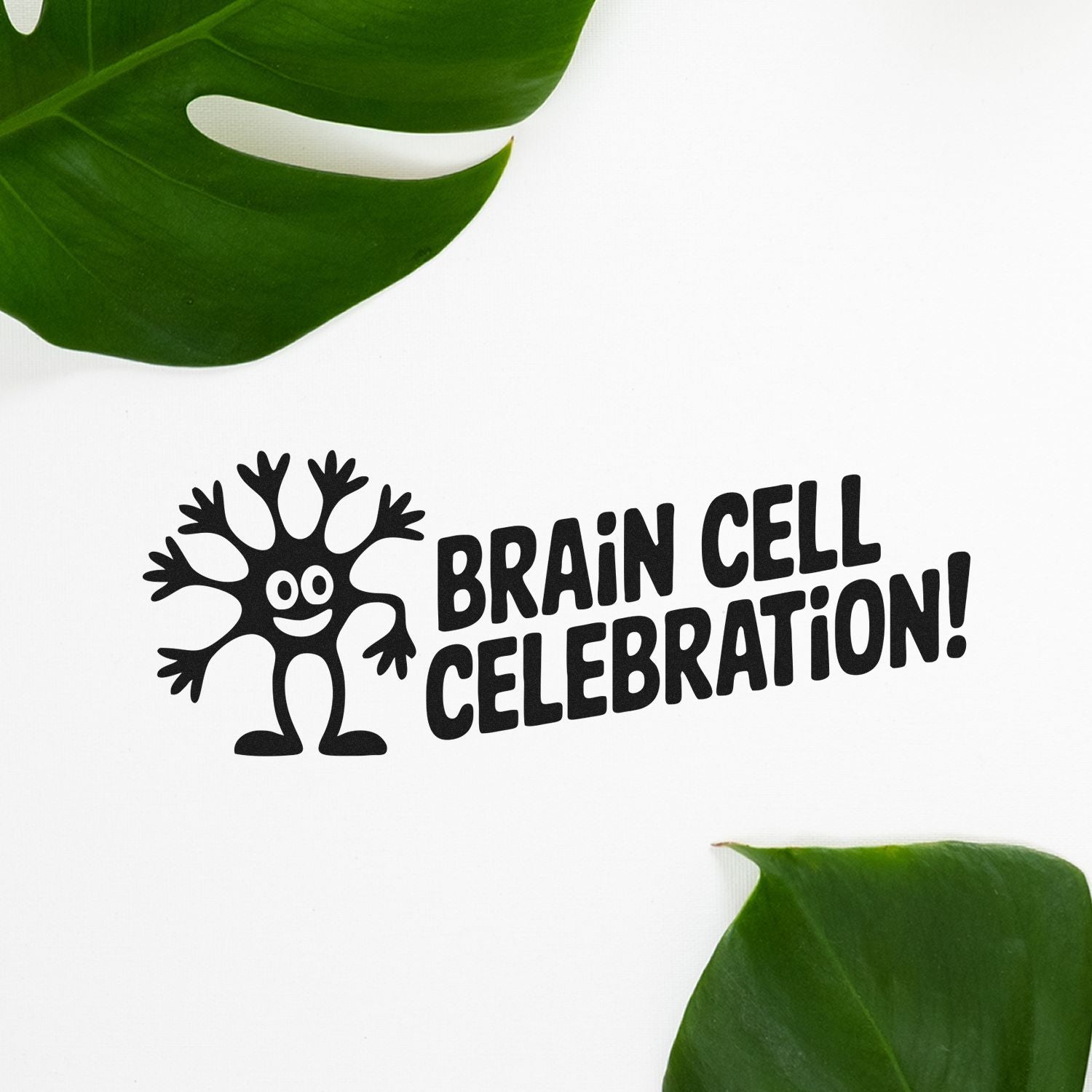 Black brain cell celebration stamp seal with cartoon cell, on white background, framed by green leaves.