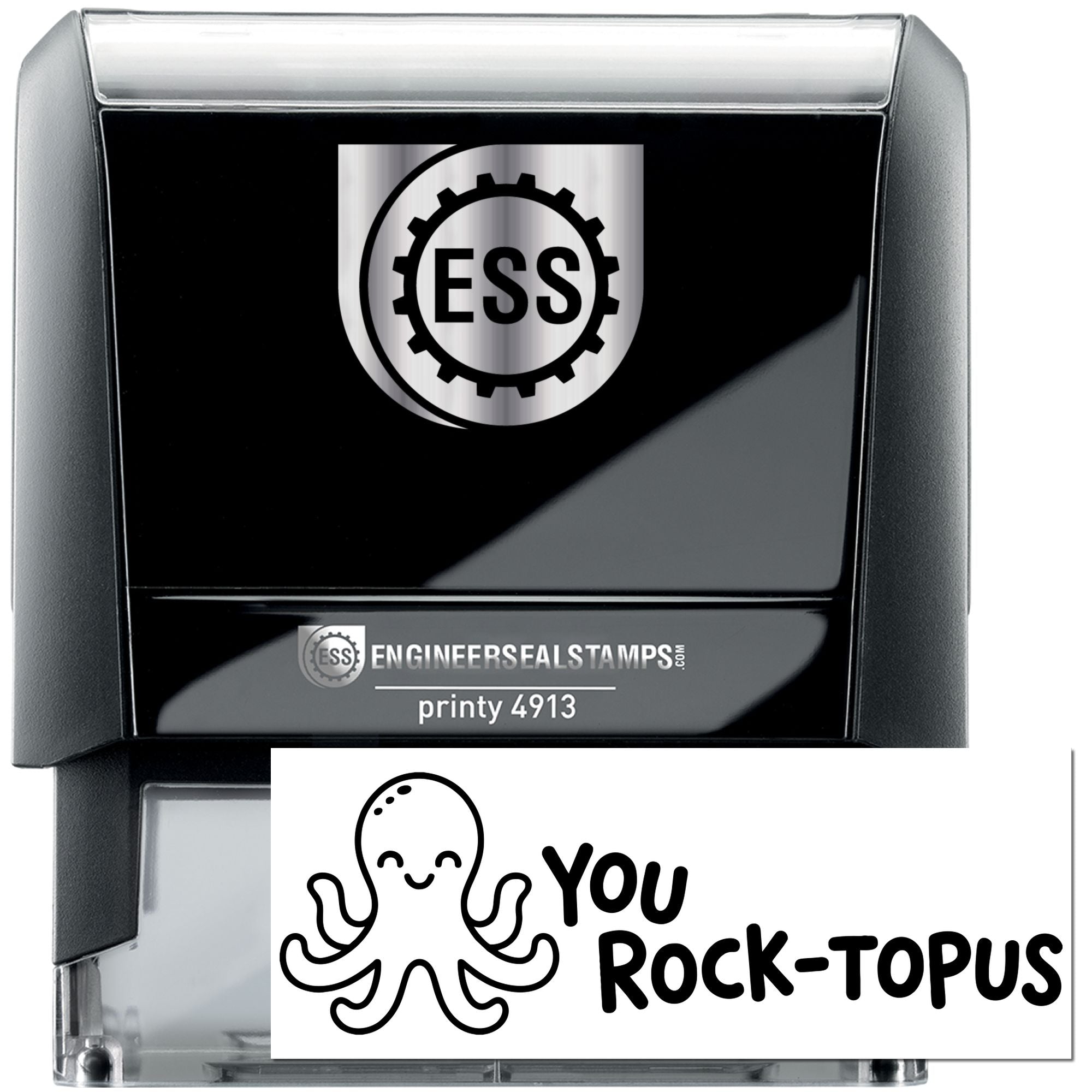 Black self-inking ESS stamp with silver logo and white seal reading You Rock-topus featuring a cute octopus.