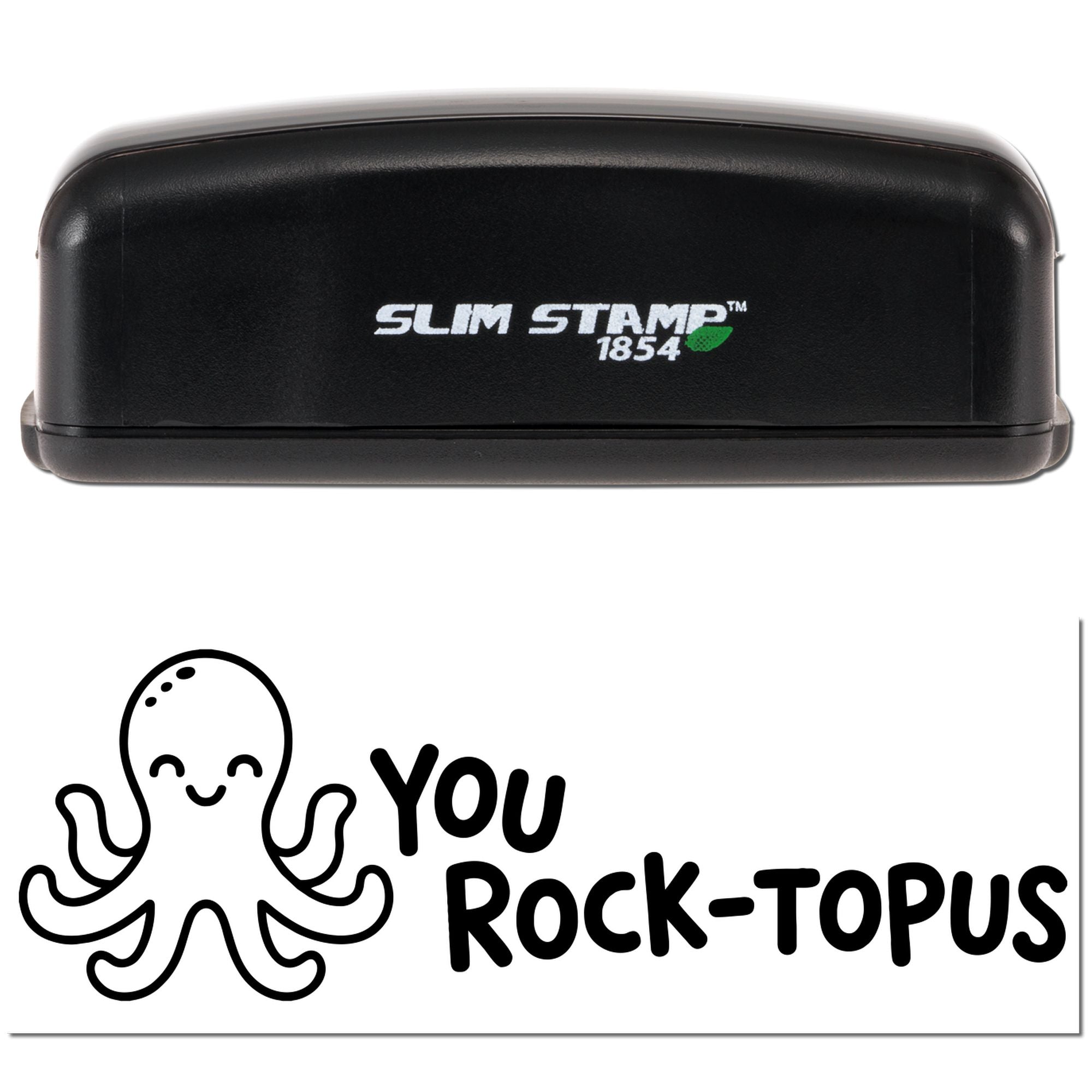 Black Slim Stamp 1854 stamp and seal with white logo, green leaf, and octopus You Rock-topus design on white background.