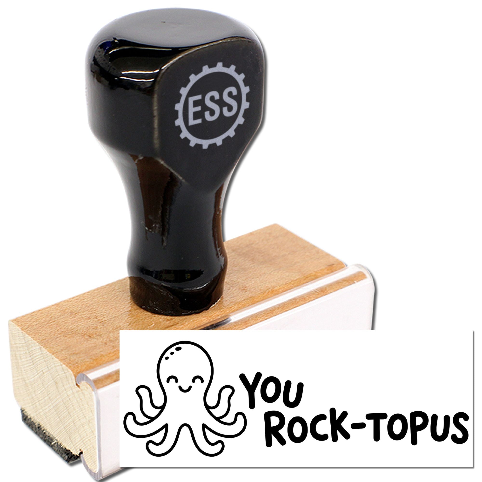 Black ESS rubber stamp and seal on a wooden block with a white You Rock-topus imprint.