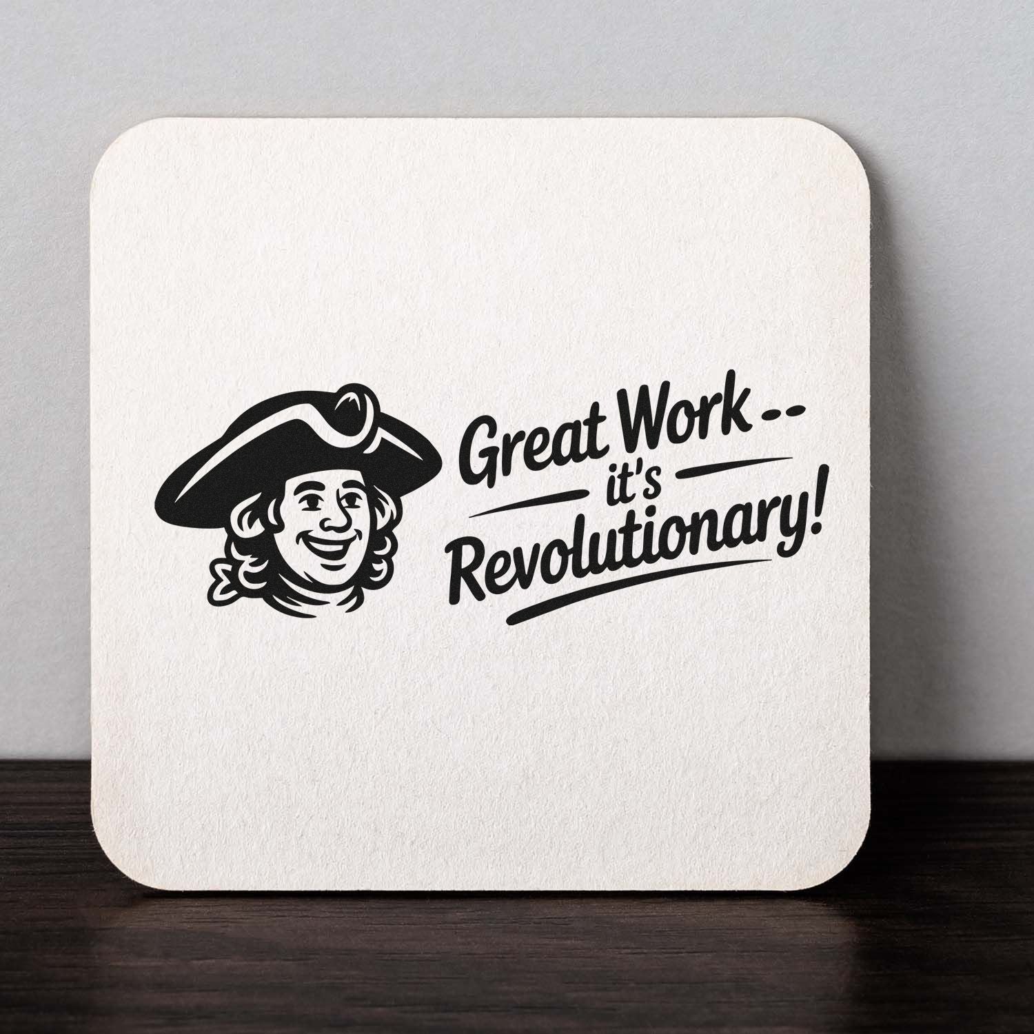Black stamp and seal design on white square: Benjamin Franklin with Great Workits Revolutionary! text