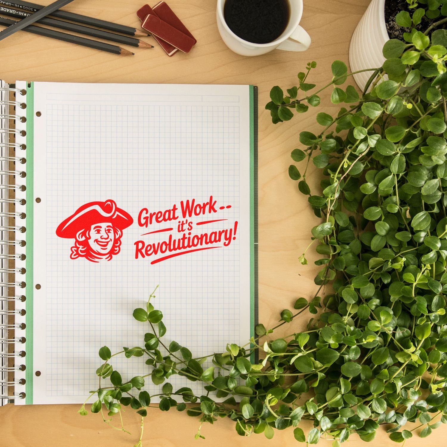 Red revolutionary stamp seal on graph paper notebook, with green plant, pencils, and coffee on a wood desk.