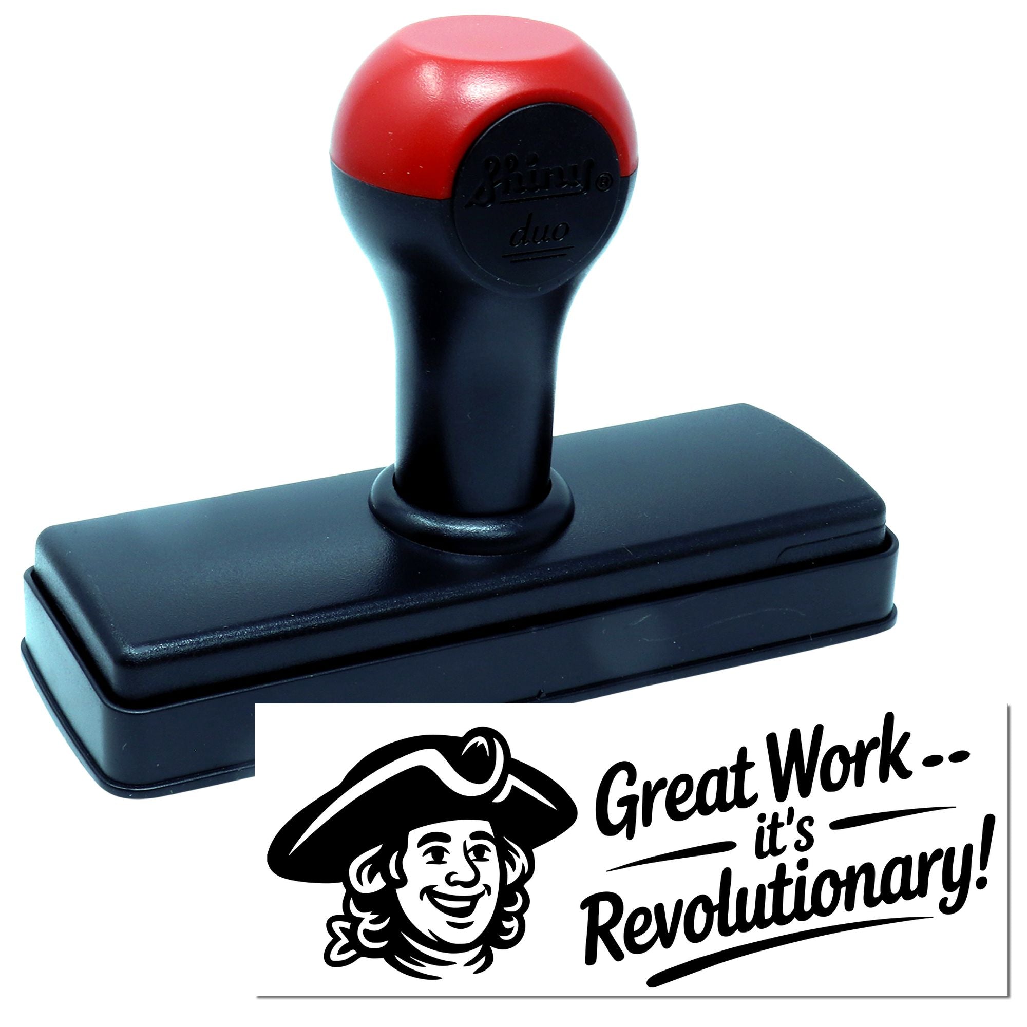 Red-and-black self-inking stamp and seal with rectangular base; impression says Great Workits Revolutionary!