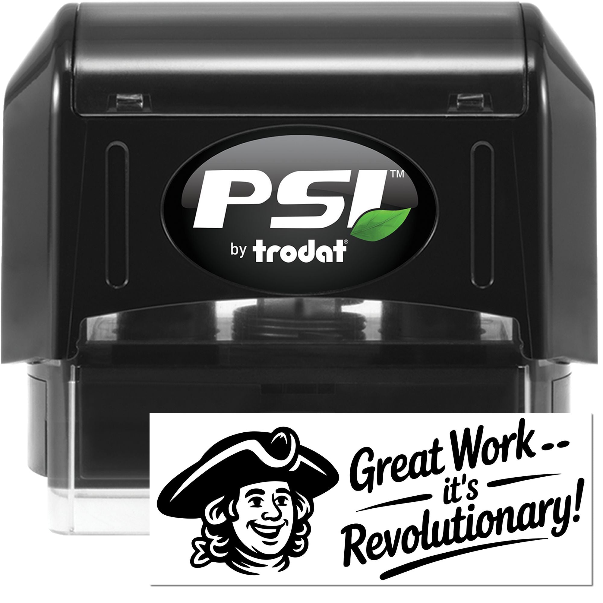 Black PSI by Trodat self-inking stamp and seal with green leaf logo, showing a crisp black custom imprint on white.