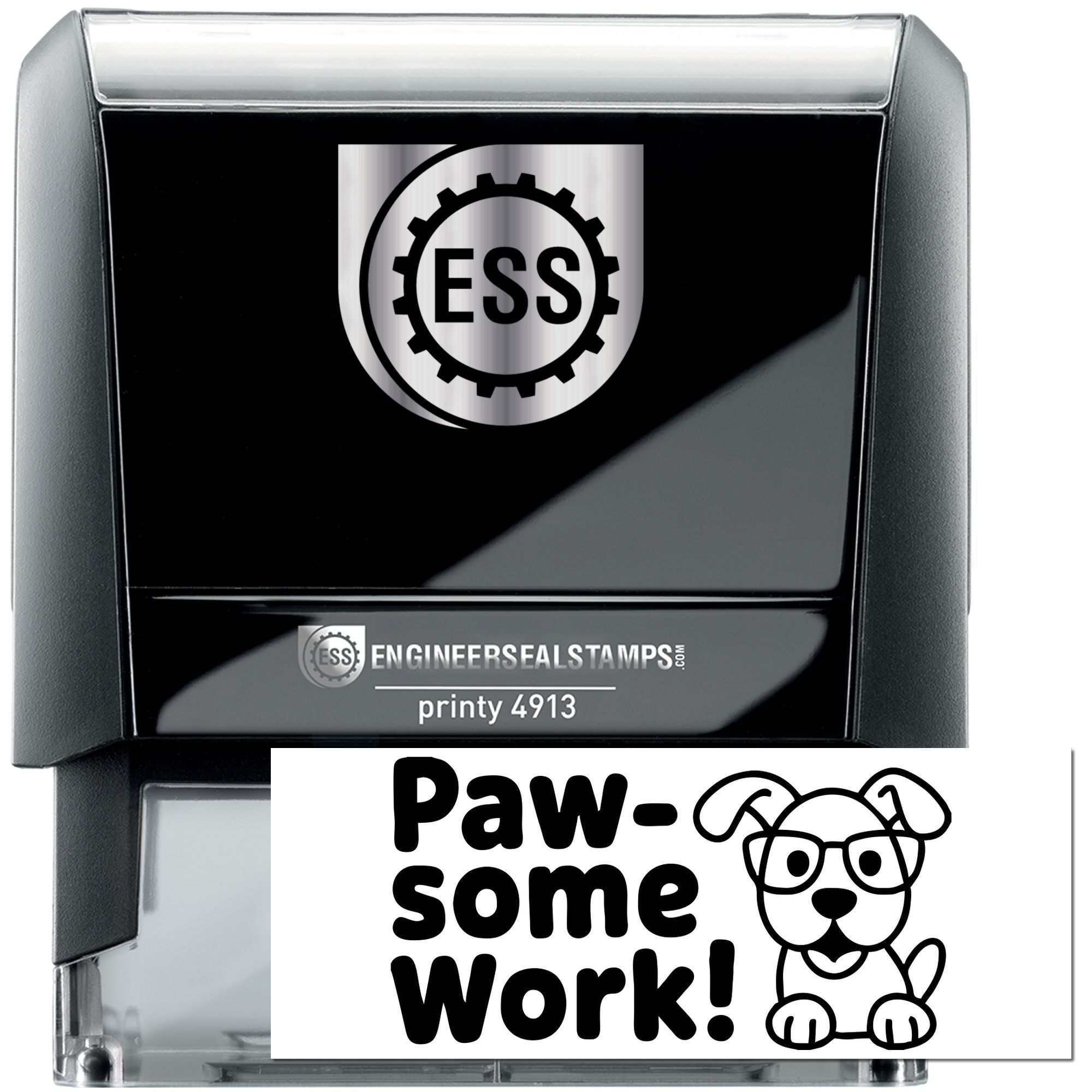 Black and gray self-inking stamp and seal products with ESS logo, Printy 4913, and a white Paw-some Work! dog stamp.