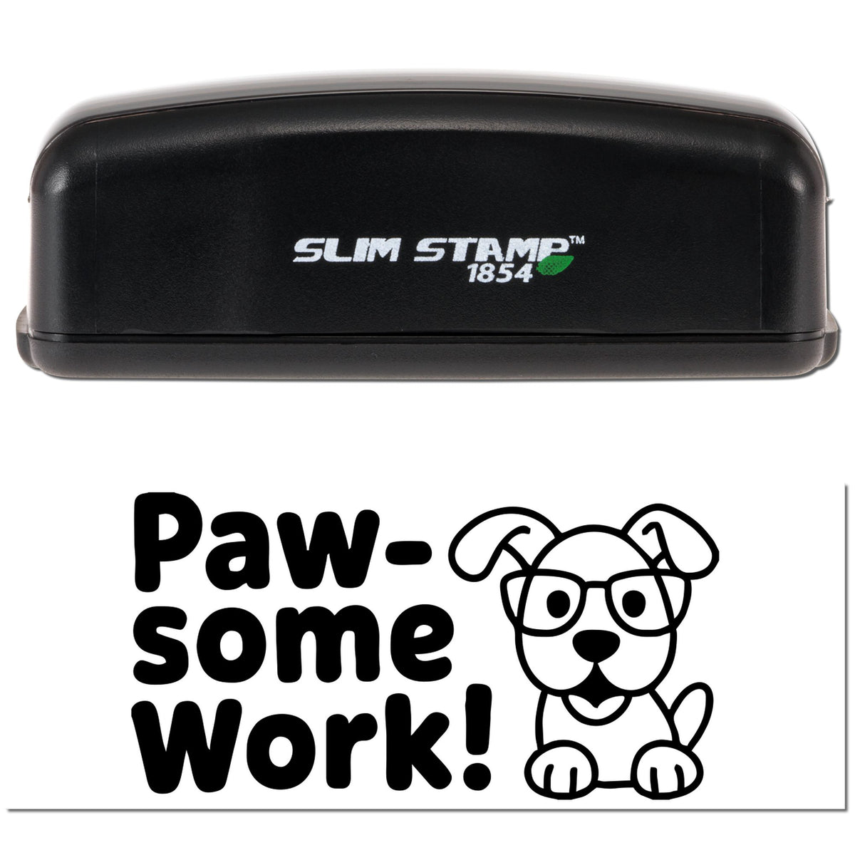 Trodat Student Work Great Work pre-inked teacher stamp in black, compact stock stamp with "Great Work" message for student assessments.