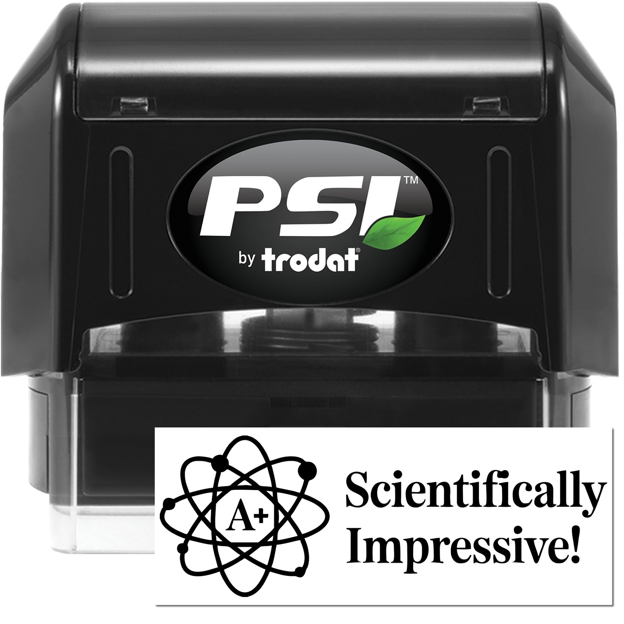 Black PSI by Trodat self-inking stamp and seal set with green leaf logo and white science-themed imprint card.