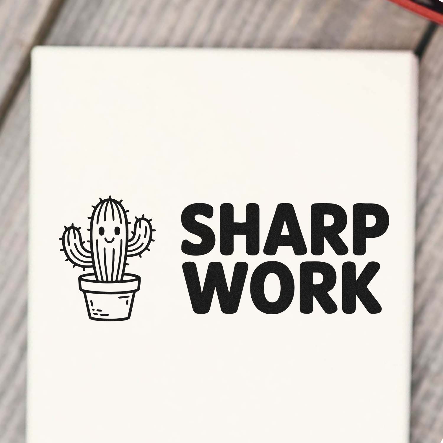 Black SHARP WORK stamp and seal design with smiling cactus in a pot on a white background.