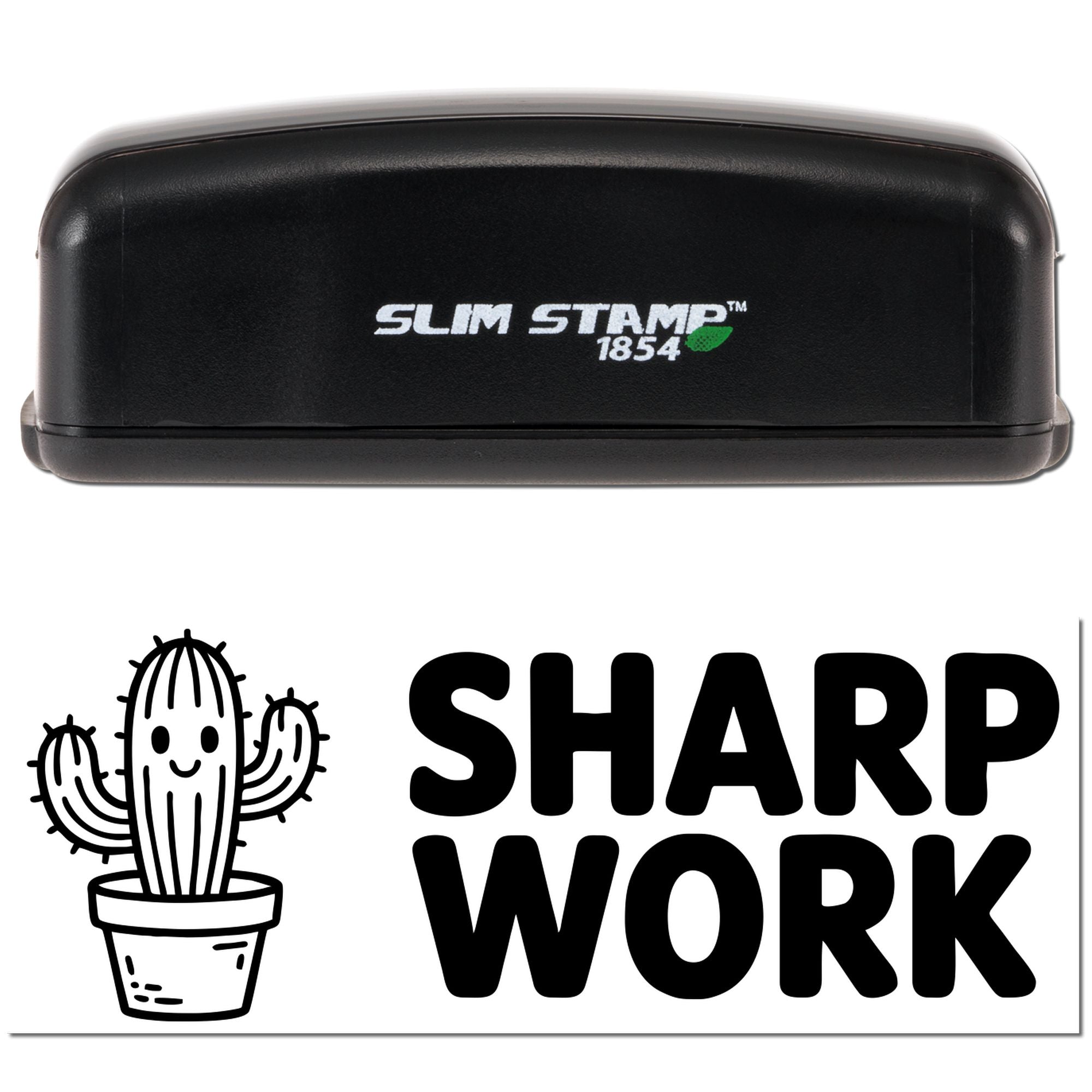 Black Slim Stamp 1854 self-inking stamp and seal with white Sharp Work cactus logo on a white background