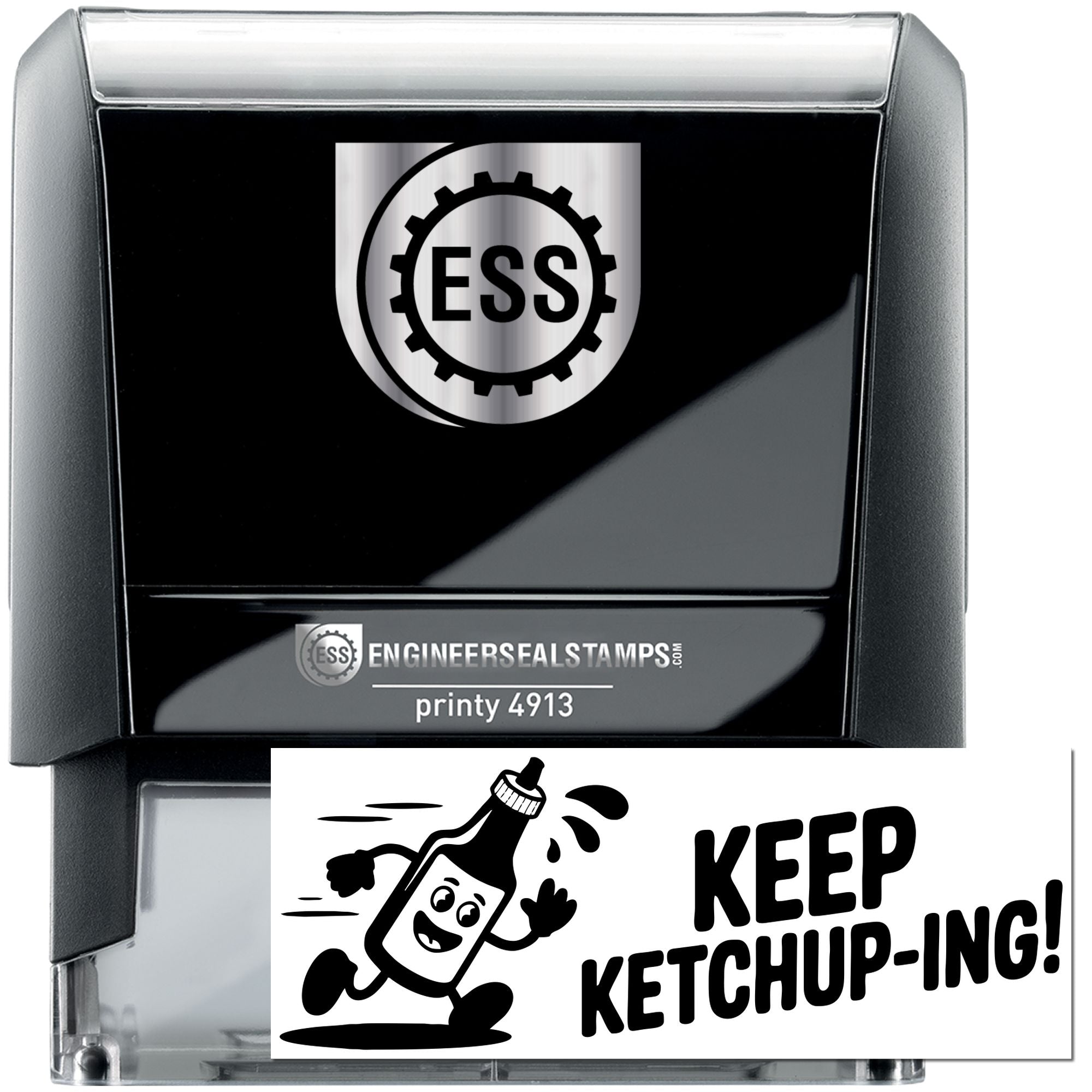 Black and silver ESS self-inking stamp and seal set with gear logo, Printy 4913, and Keep Ketchup-ing! design.