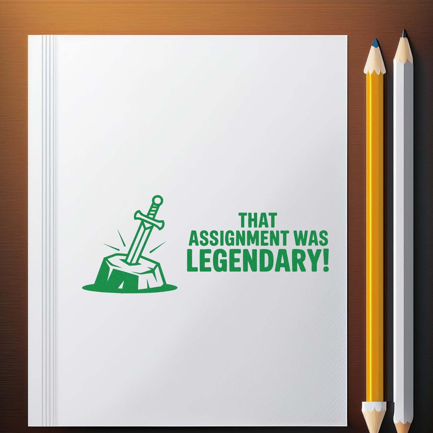 Green rubber stamp and seal reading That assignment was legendary! on a white notebook beside yellow and white pencils.