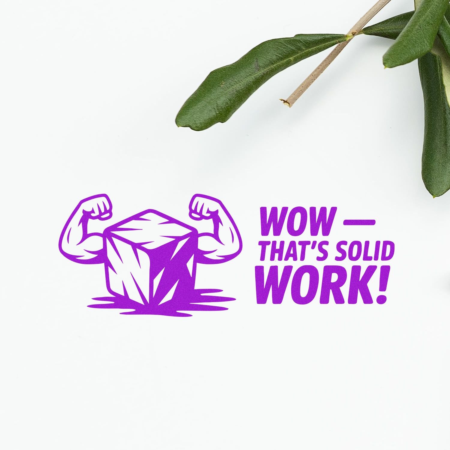 Purple stamp seal design with flexing crystal and WOWTHATS SOLID WORK! on white background
