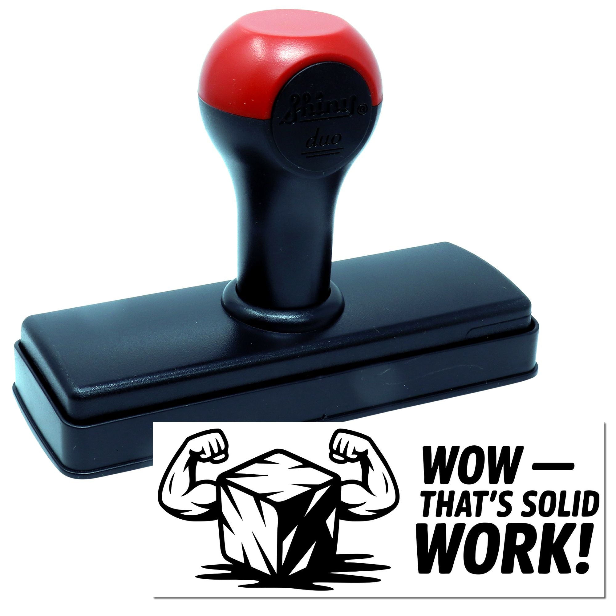 Red-and-black self-inking stamp and seal with flexing muscle graphic and WOW THATS SOLID WORK! text.