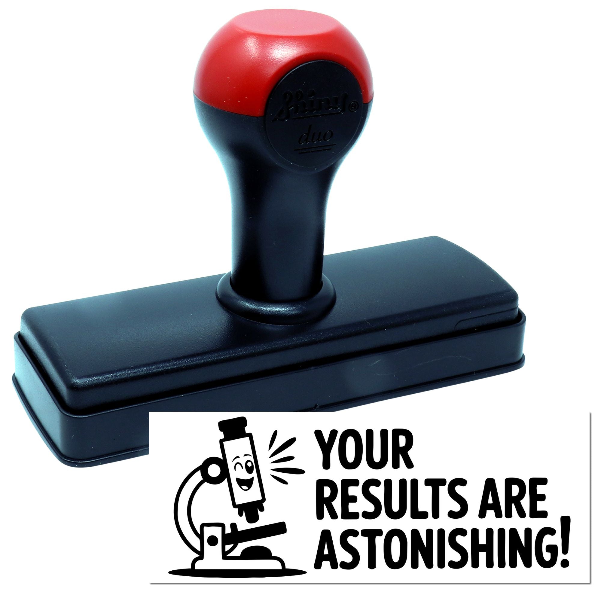 Red-and-black self-inking stamp and seal with rectangular black base and Your results are astonishing! branding.