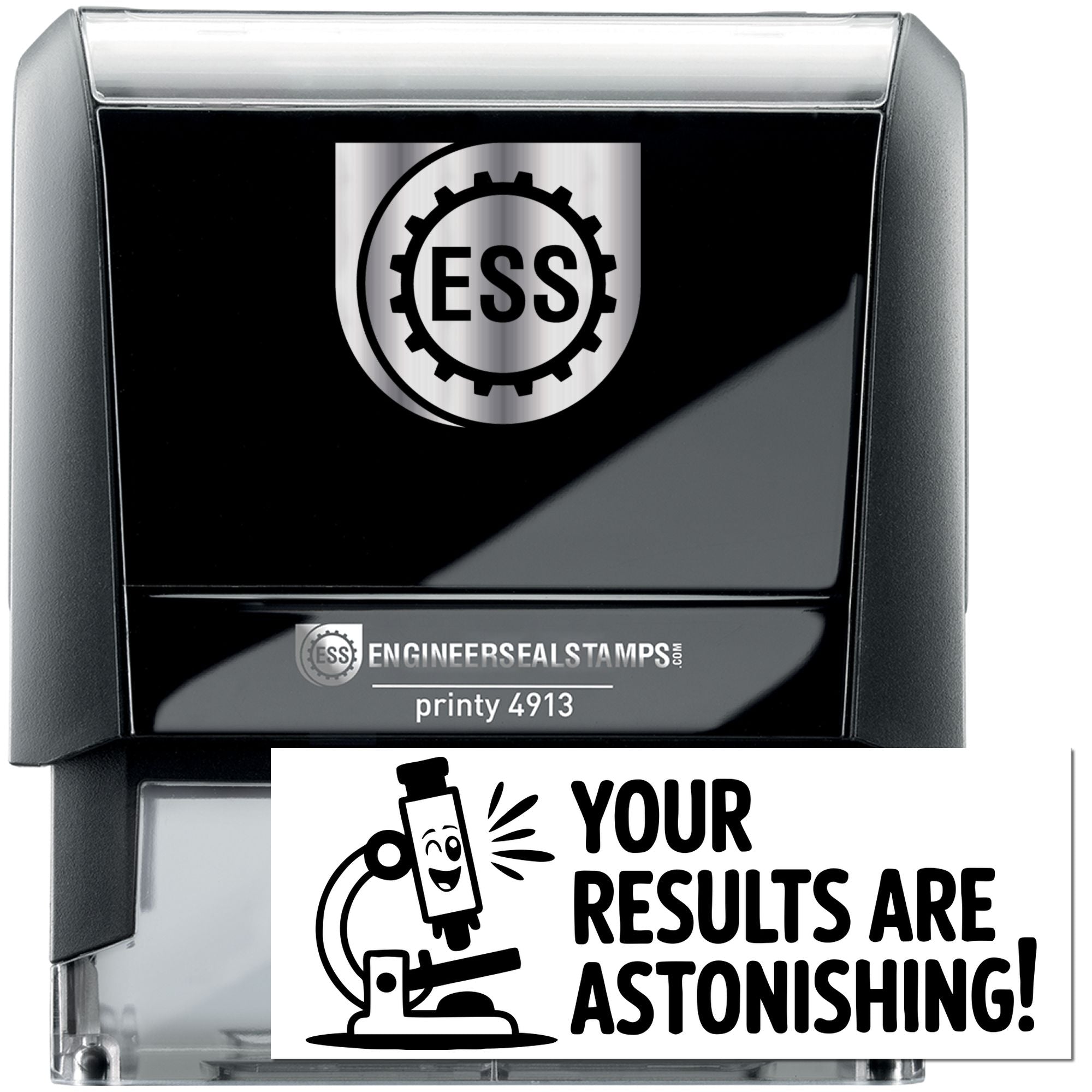 Black self-inking engineer seal stamp in black and silver with ESS logo and Printy 4913 branding.