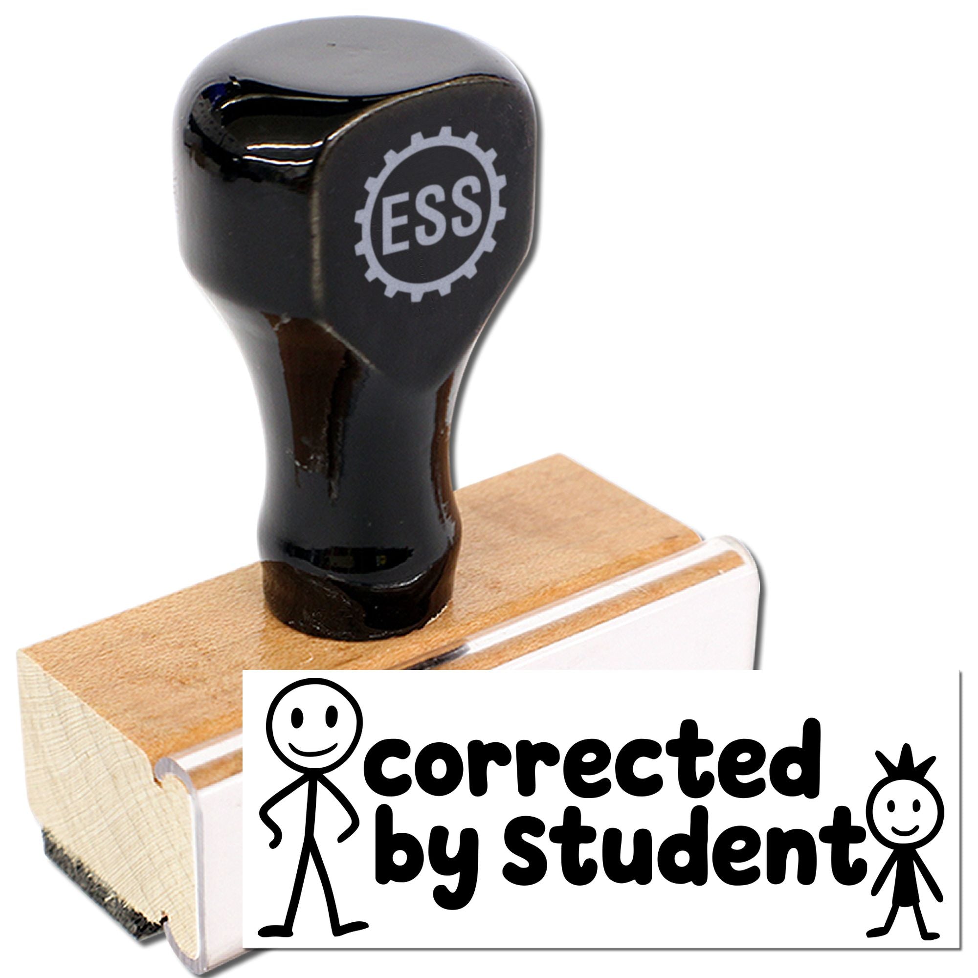 Black ESS rubber stamp seal on a wooden mount with a white label reading corrected by student.
