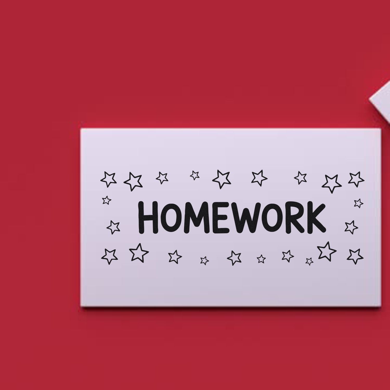 White homework stamp and seal with black stars and bold black text on a red background
