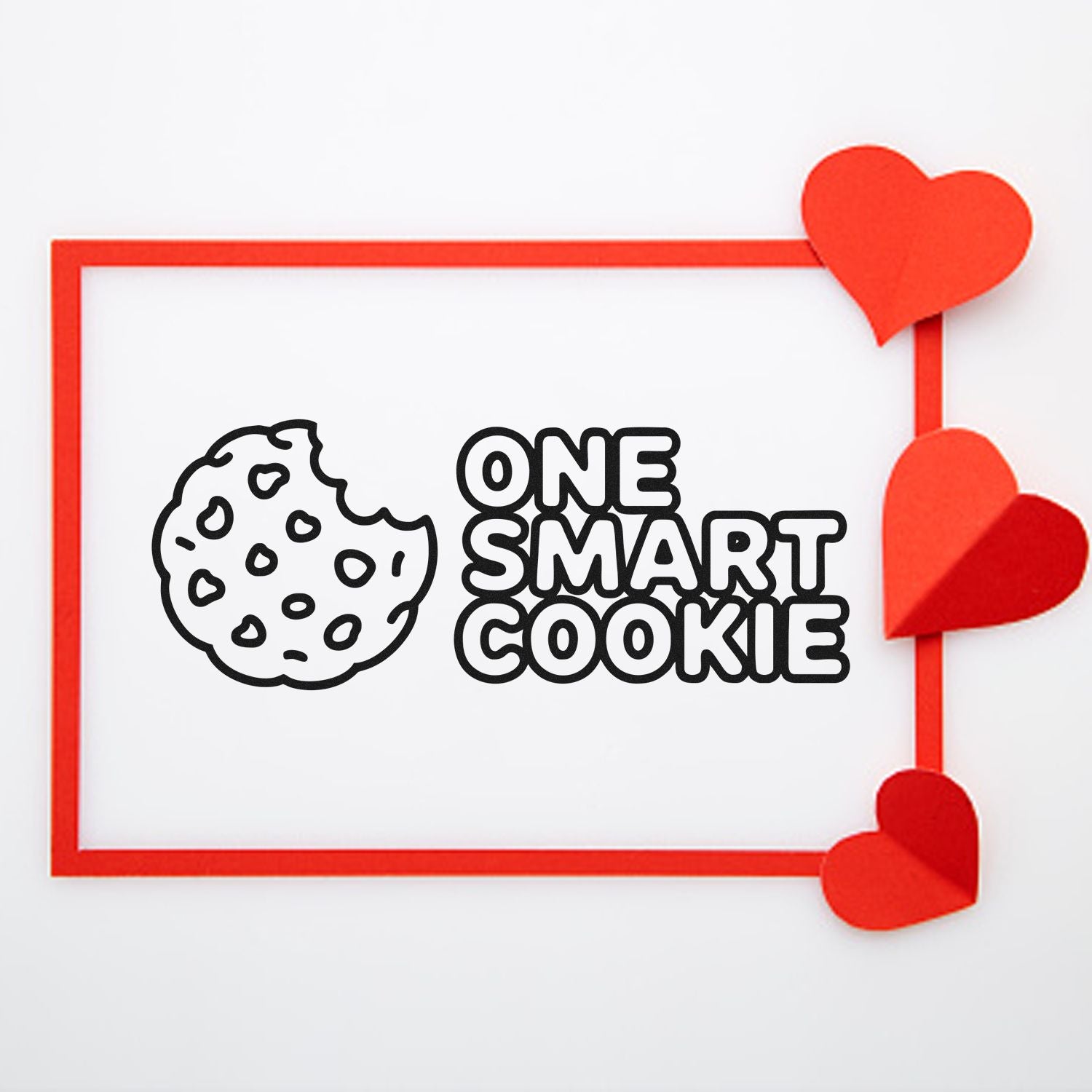 One Smart Cookie stamp with cookie icon, black lettering, and red heart seals on a white background.