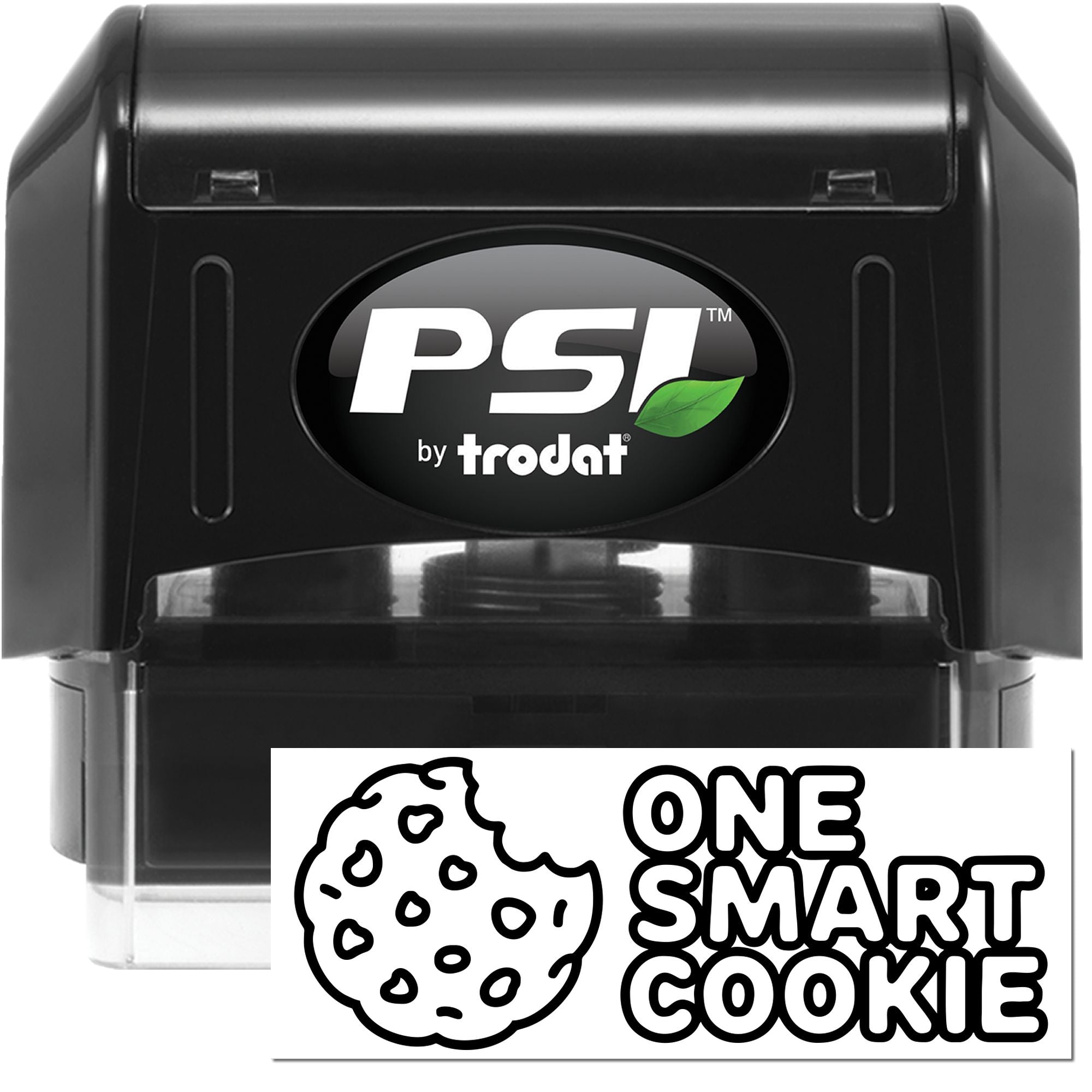 Black PSI by trodat self-inking stamp and One Smart Cookie seal with cookie icon on white background.