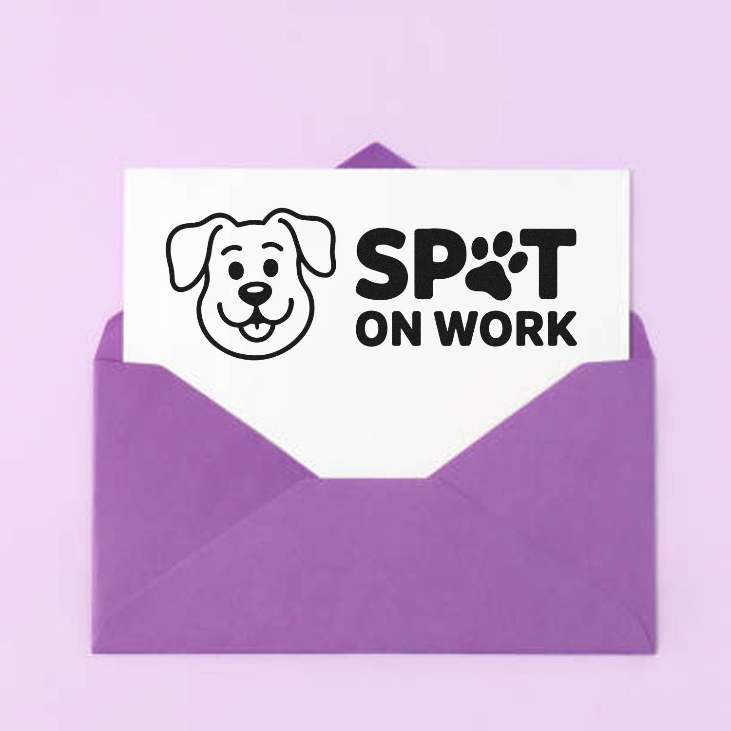 Purple envelope seal stamp with black dog logo and bold black SPOT ON WORK text on a white card.