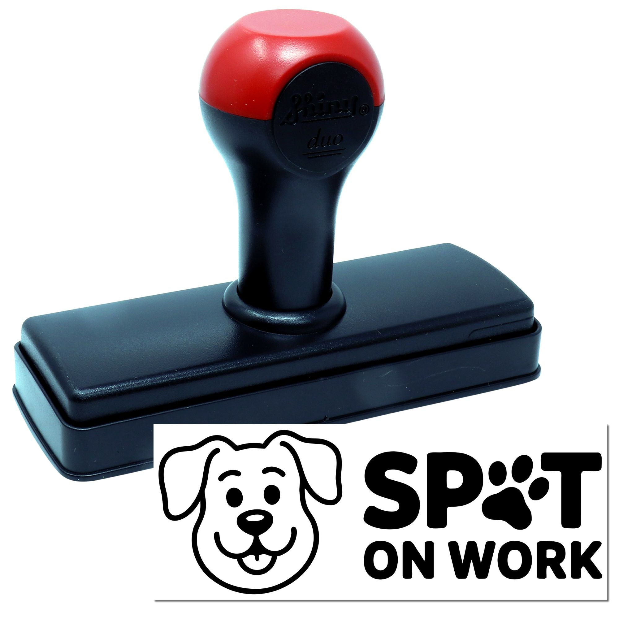 Black self-inking stamp with red top and custom dog-logo seal for Spot on Work
