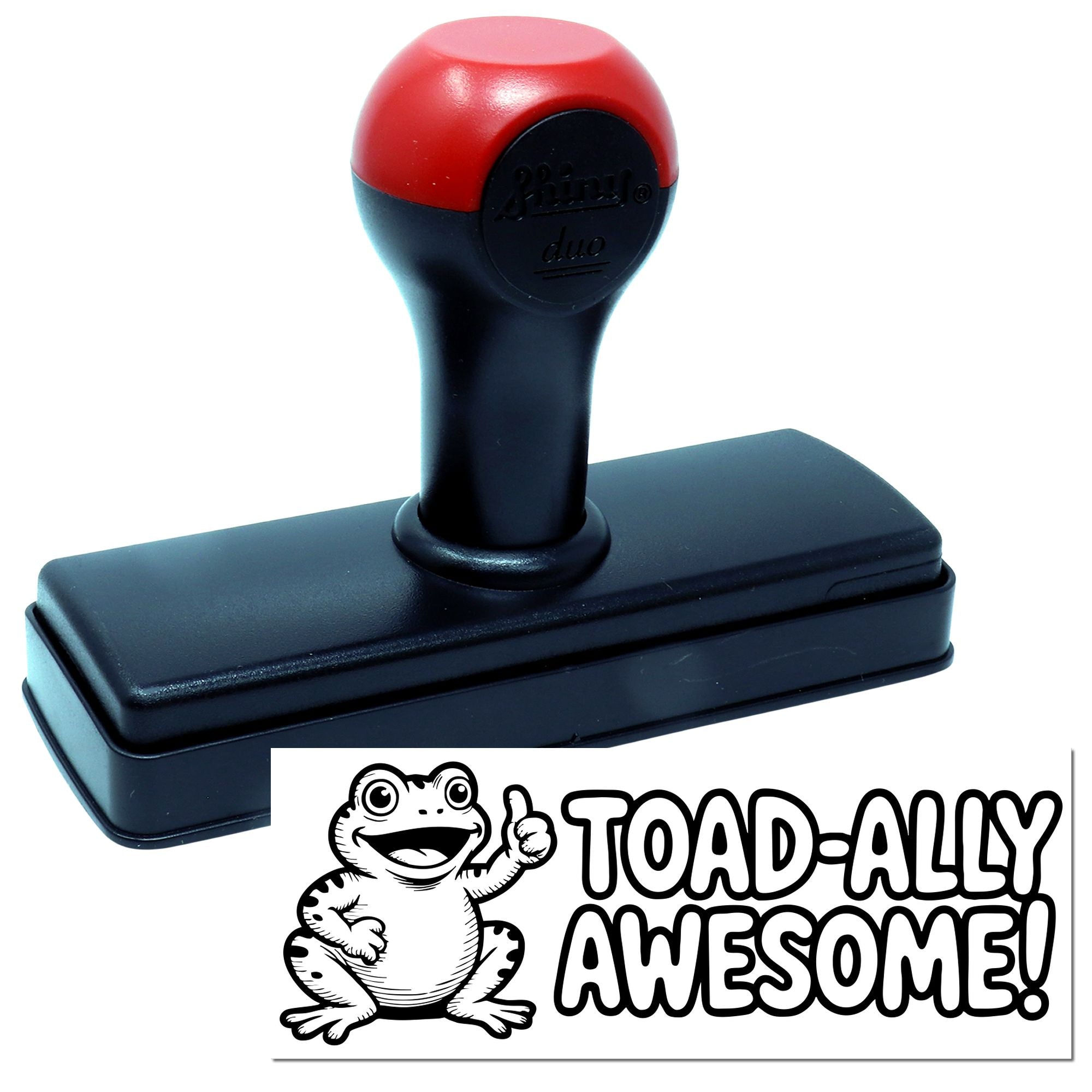 Red-and-black self-inking stamp and seal with frog logo and TOAD-ALLY AWESOME! impression.
