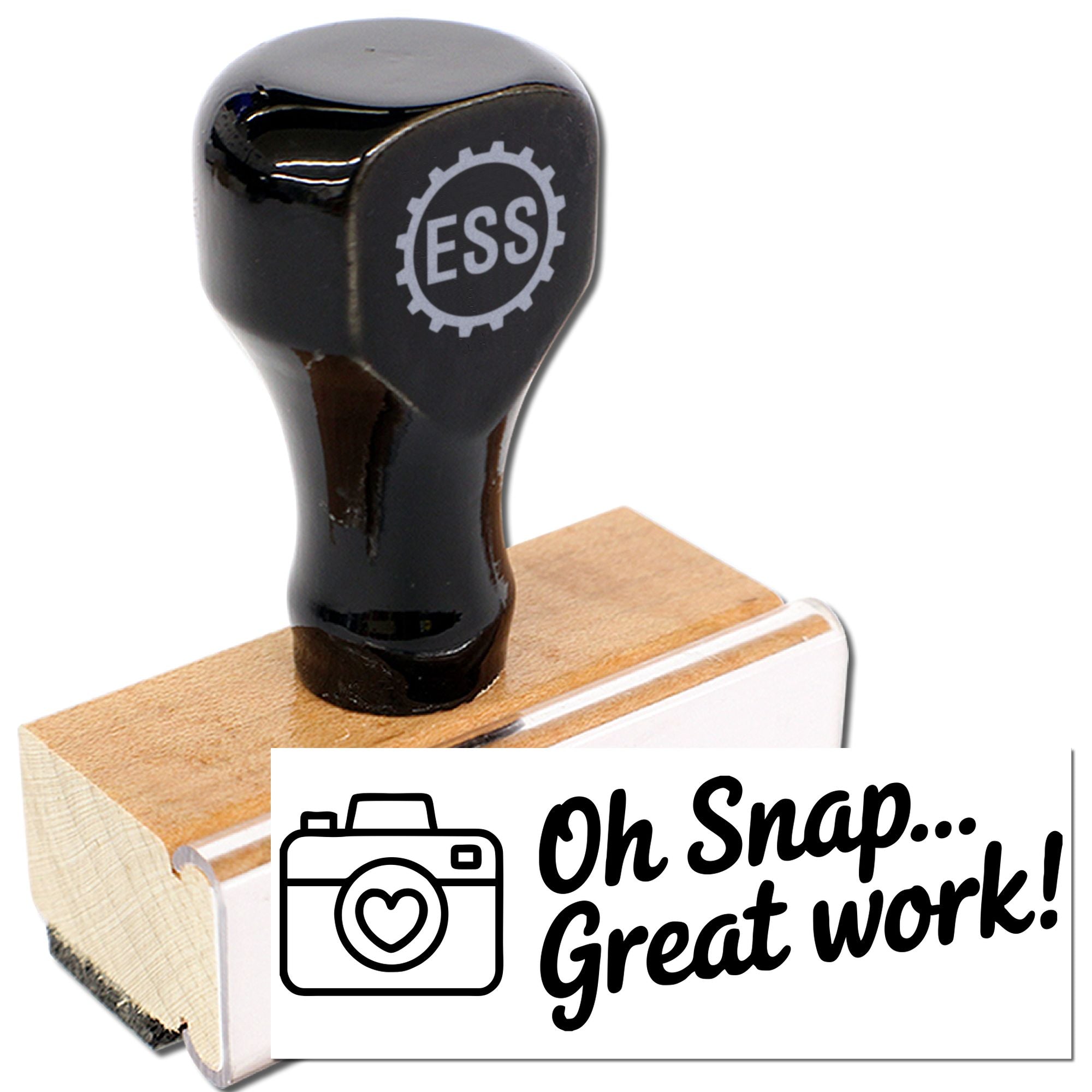 Black ESS stamp and seal on a wooden base with white Oh Snap... Great work! card