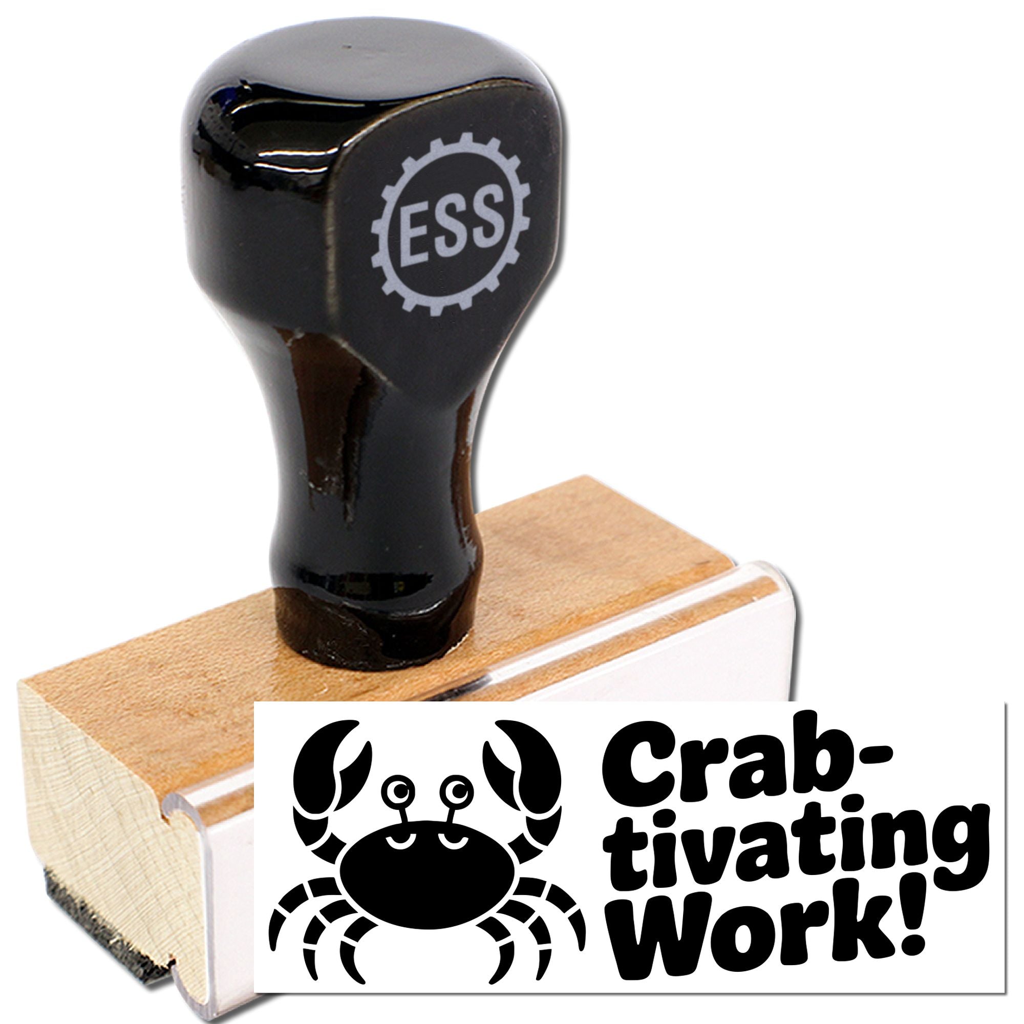 Black crab-themed rubber stamp and seal on a wooden block, with ESS logo and bold Crab-tivating Work! text.