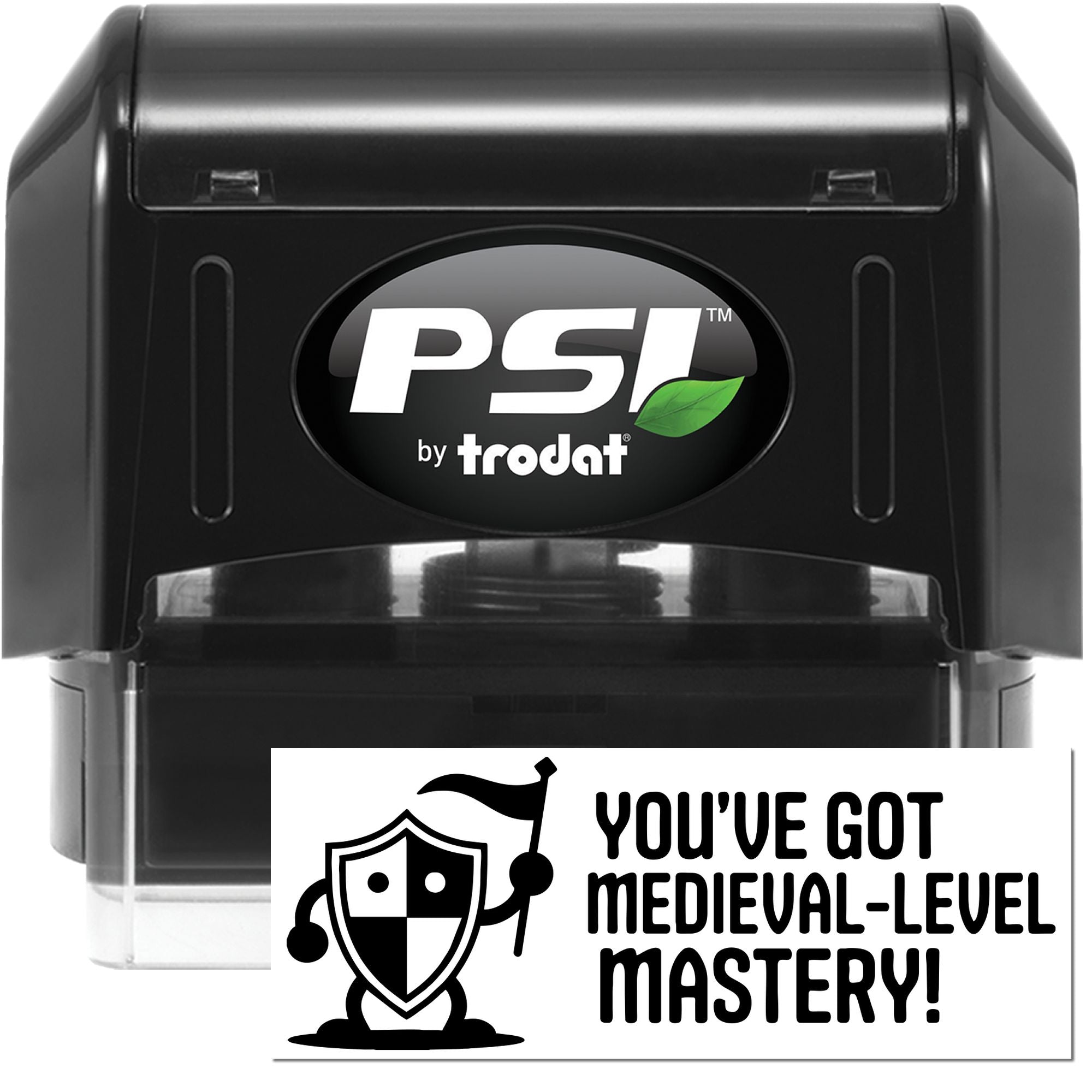 Black PSI by Trodat self-inking stamp and seal with green leaf logo and white medieval mastery design.