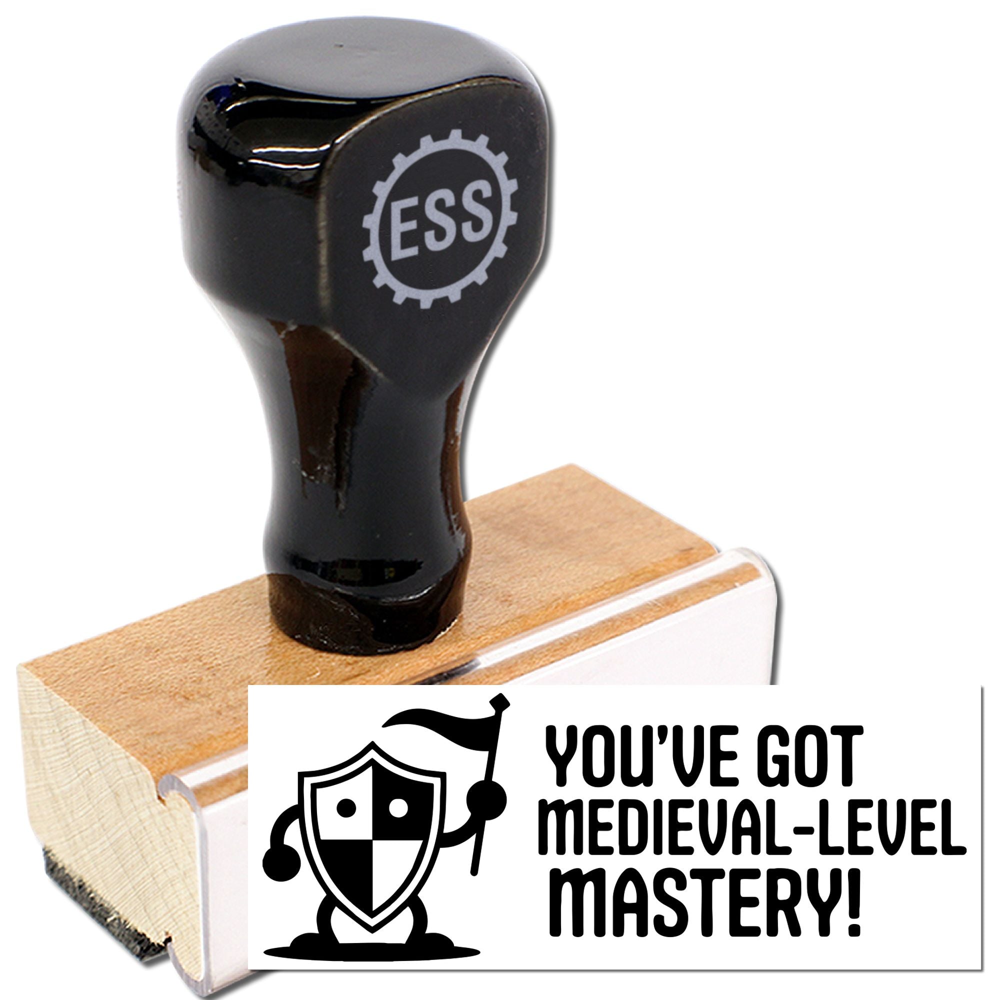 Black ESS stamp and wooden seal block with white medieval-themed seal reading Youve Got Medieval-Level Mastery!