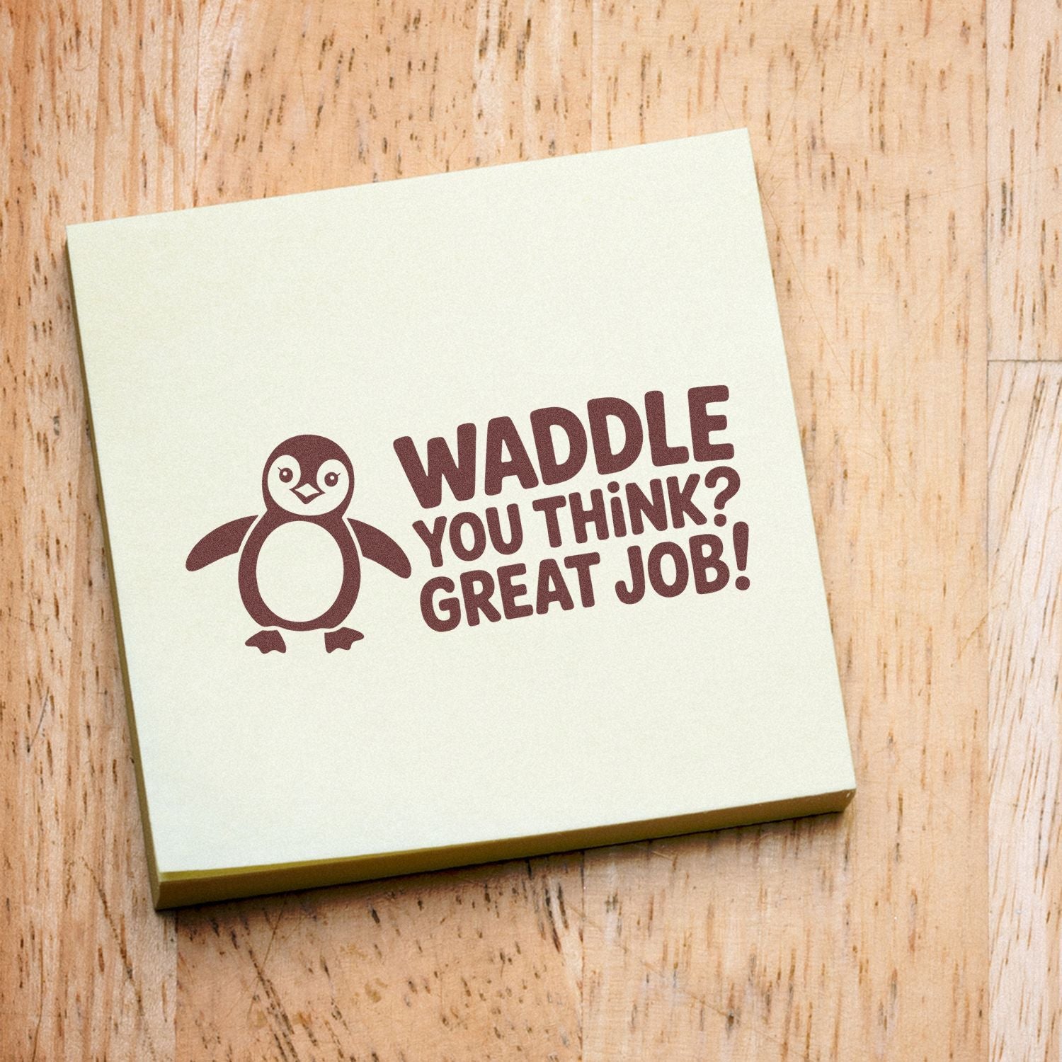 Maroon penguin rubber stamp on cream sticky notes reading Waddle you think? Great job! on a wood surface.