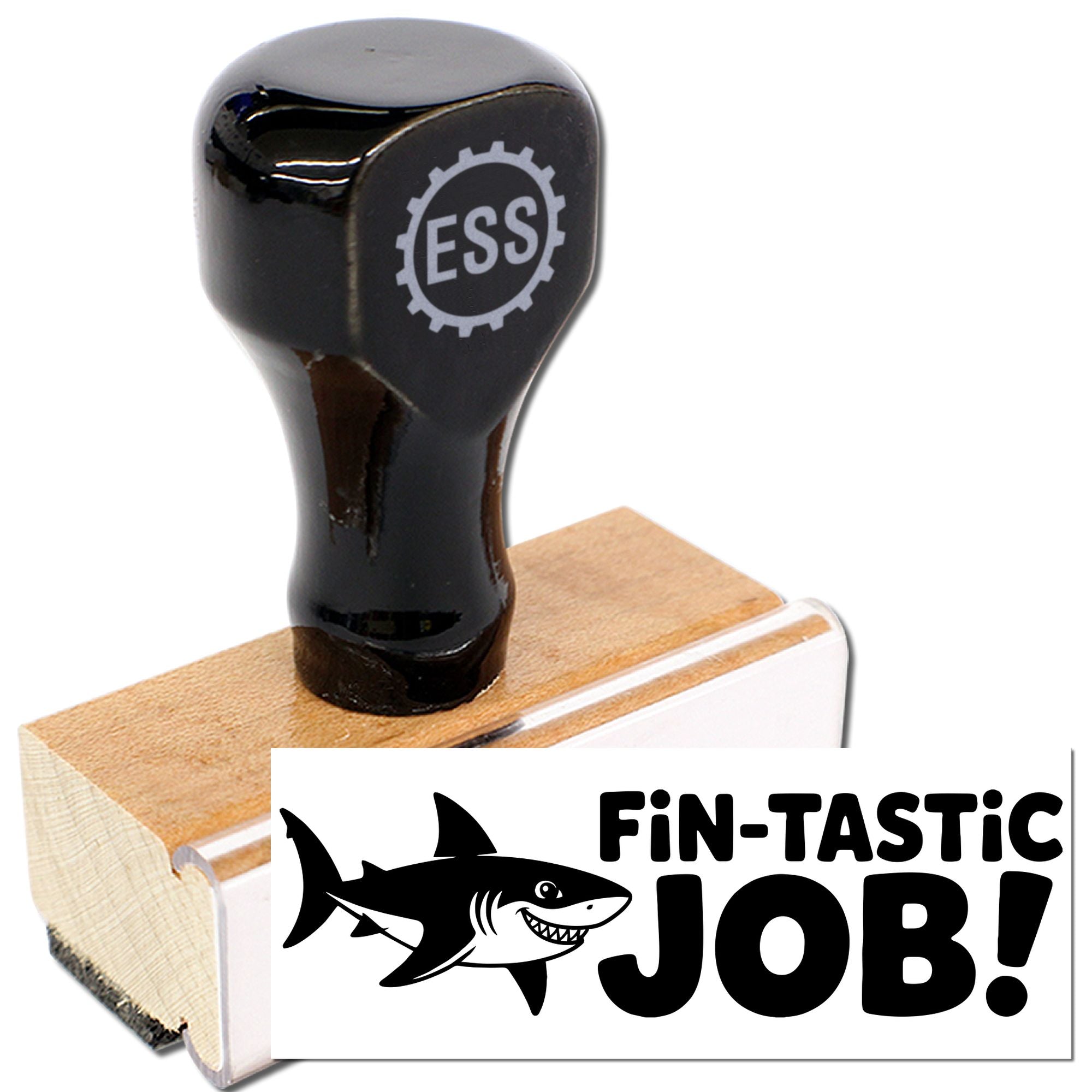 Black ESS rubber stamp on wooden block with shark FIN-TASTIC JOB! seal impression